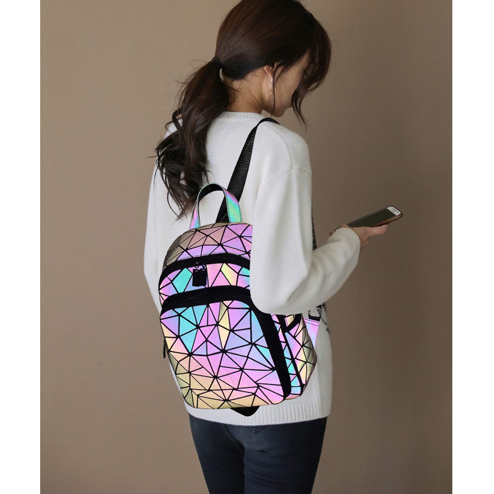 Luminous Geometric Backpack for Women - Holographic Reflective Purse & Iridescent Handbag - Stylish Aesthetic Accessory for College, Work, Travel and Night Out