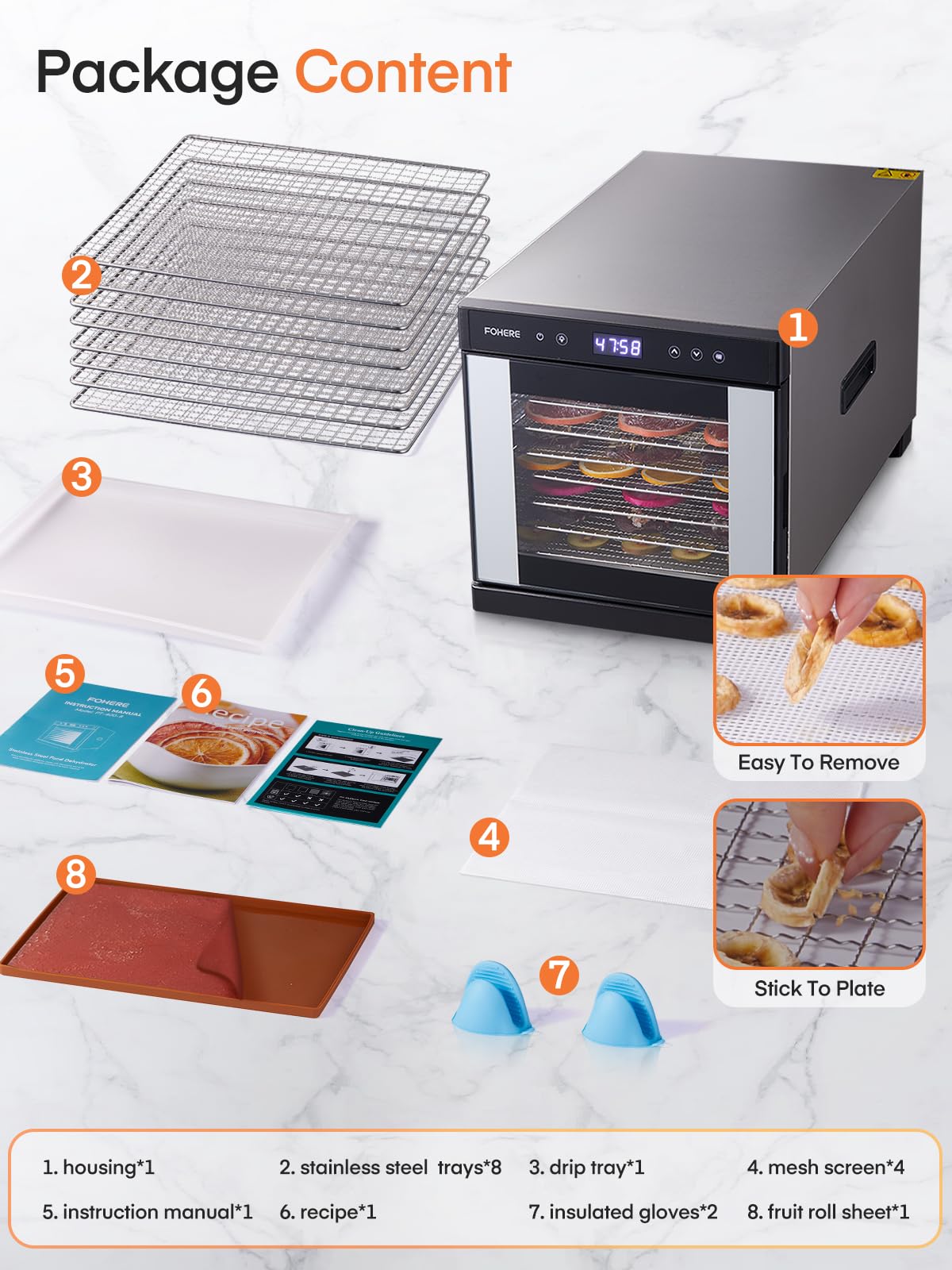 FOHERE 800W Food Dehydrator Machine with 8 Stainless Steel Trays - 176°F Adjustable Temperature, 48H Timer & 8.01ft² Drying Space - Perfect for Jerky, Herbs, Meat, Fruit - Includes Free Recipe Book - Ideal for Home Kitchen, Camping & Healthy Snack Preparation