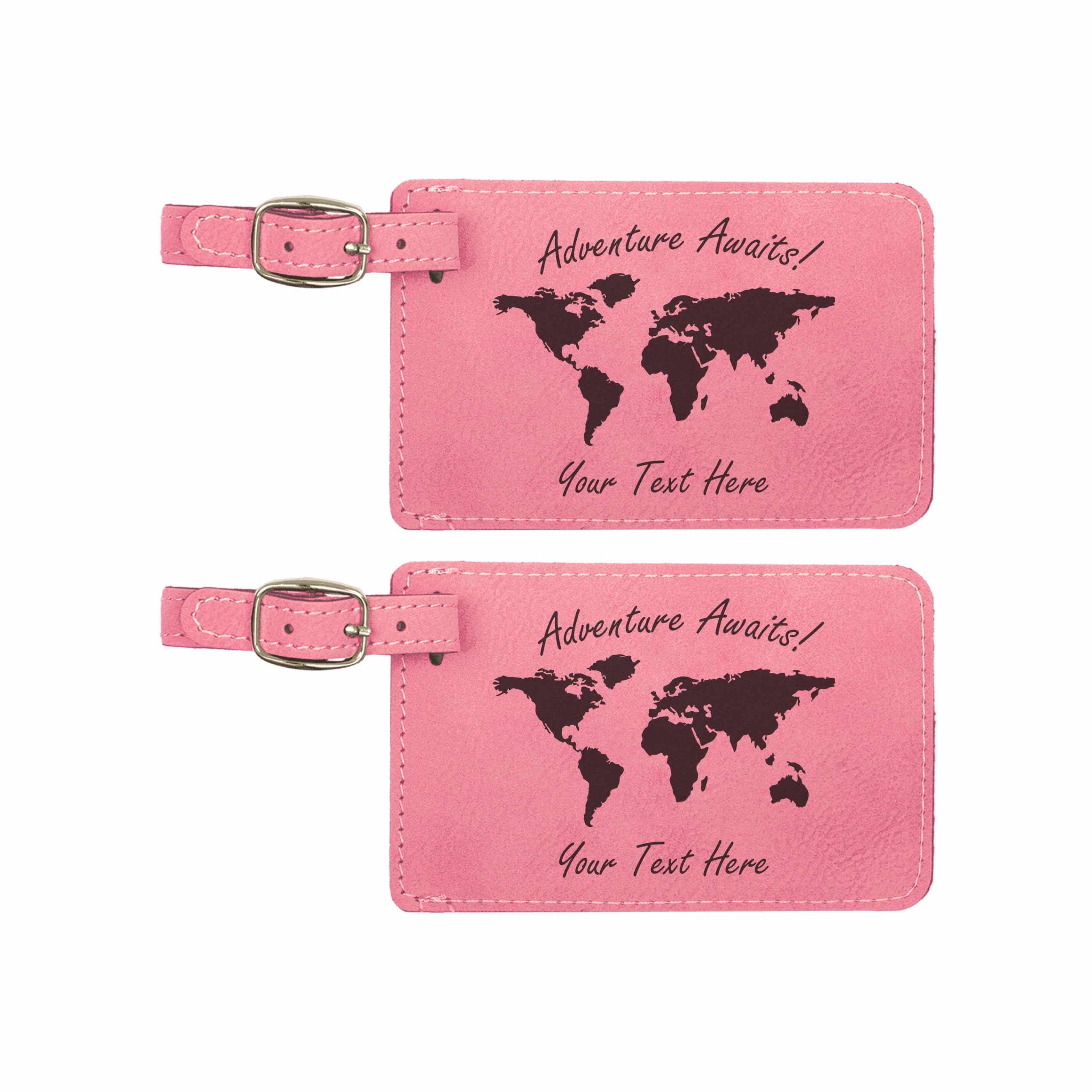 Personalized Adventure Awaits World Map Luggage Tags - 2 Pack Laser Engraved Leatherette Travel Gift for Men & Women (Black/Pink) - Perfect for Suitcases, Backpacks & Travel Accessories