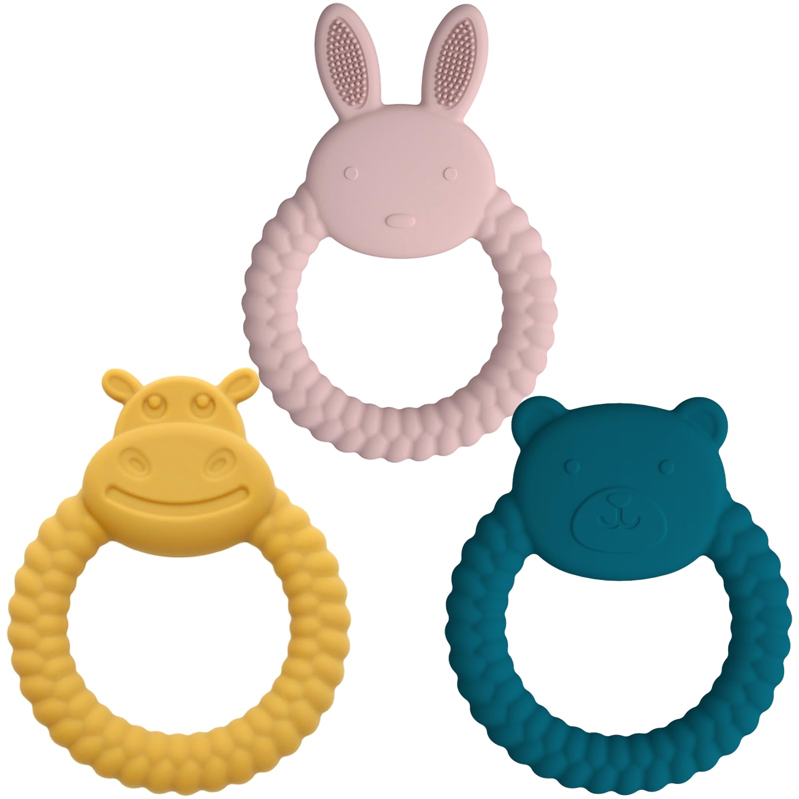 Organic Silicone Teething Toys for Babies 0-6 Months - 3 Pack BPA-Free Animal Teething Rings (Cow, Rabbit, Bear) | Soothing Infant Chew Toys for Teething Relief | Perfect for Daycare, Travel & Home Use