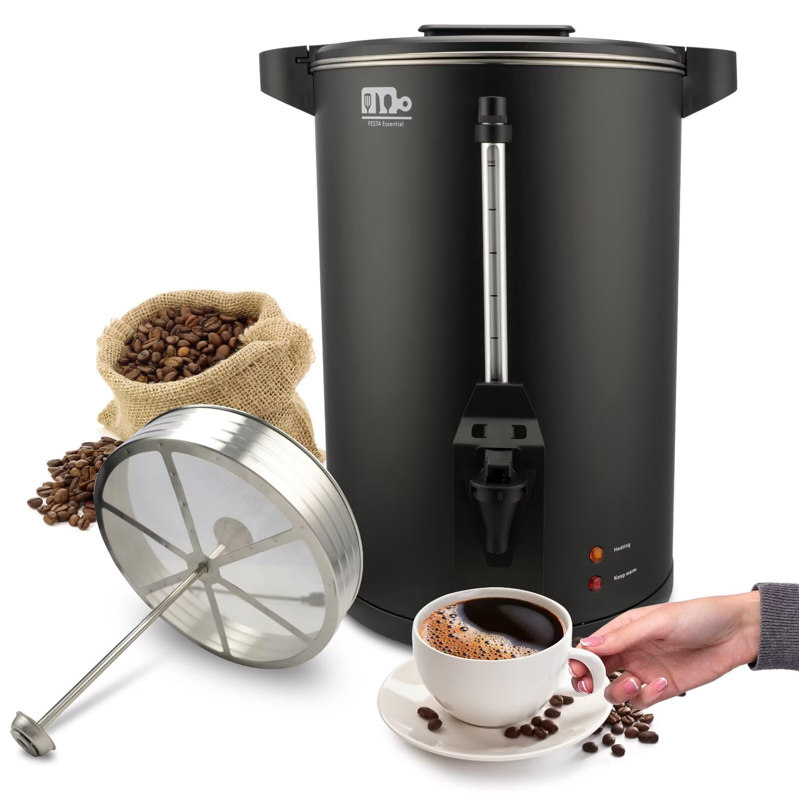 55-Cup 10L Commercial Coffee Urn - 750W Stainless Steel Large Percolator Coffee Maker with Double Dripless Faucet | Fast Brewing for Catering, Events & Offices | Festa Essential Black Hot Water Dispenser