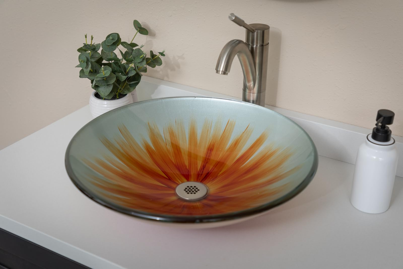 Orange Flower Blossom Large Round Glass Vessel Sink for Bathroom Vanity - Modern Freestanding Basin for Powder Room, Guest Bath & Master Suite