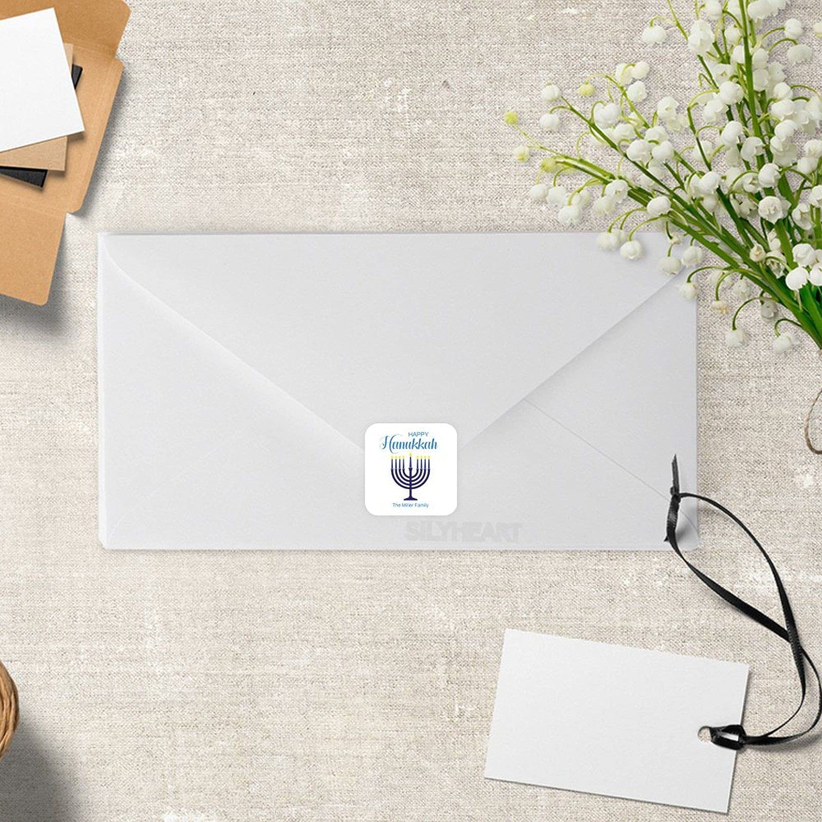 Personalized Hanukkah Stickers - Custom Name Envelope Seals, Square Vinyl Labels, Happy Hanukkah Party Decorations (Pack of 100) - Perfect for Gift Wrapping, Holiday Cards & Jewish Festival Celebrations