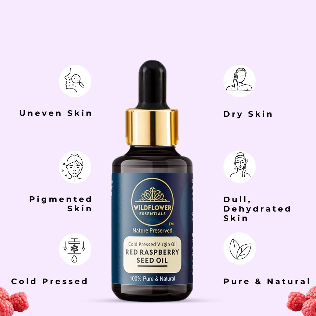 100% Pure Red Raspberry Seed Oil (Rubus idaeus) - Cold Pressed, Unrefined for Face, Skin, Hair & Body Care - 30ml - Wildflower Essentials - Perfect for Anti-Aging, Moisturizing & Natural Beauty Routine