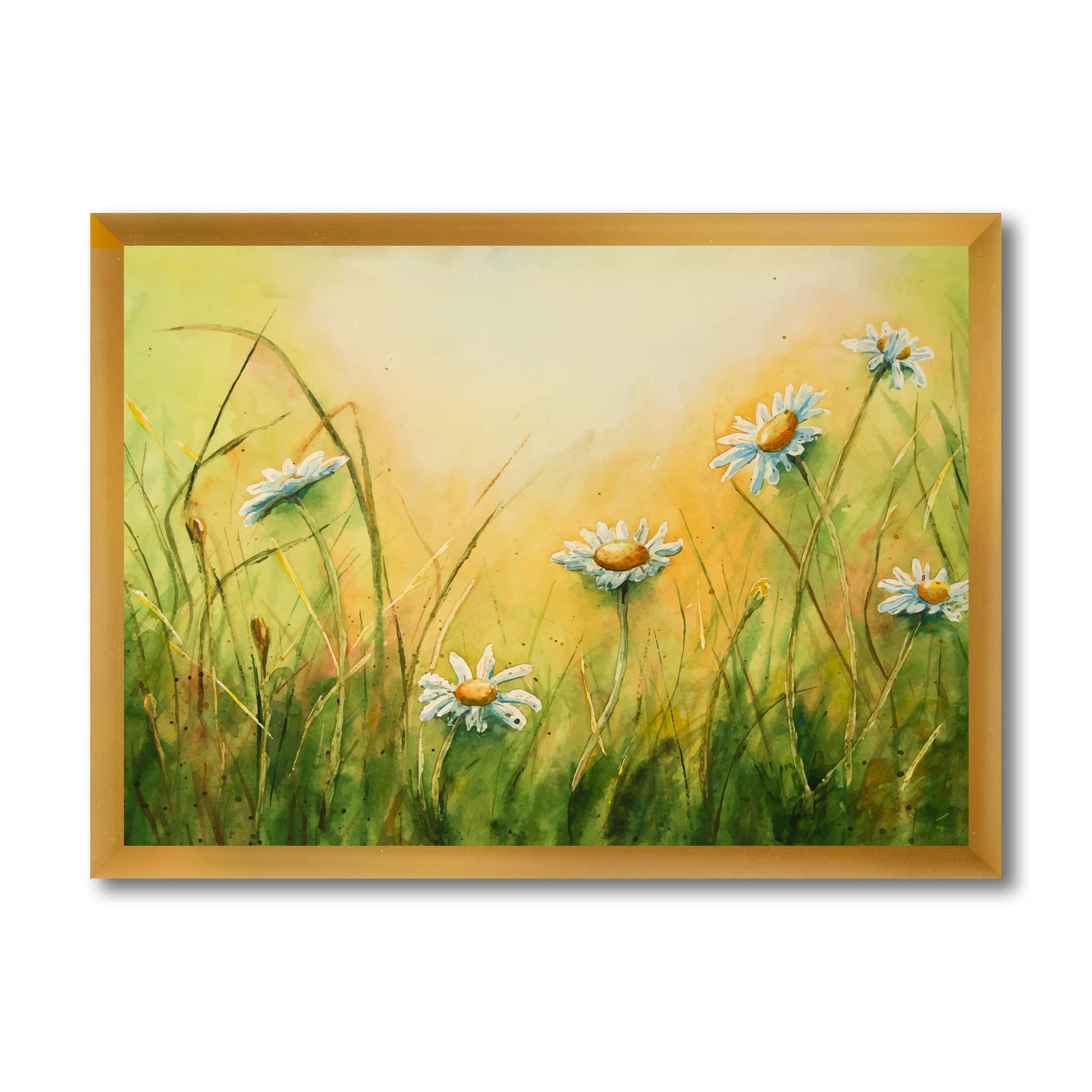 DesignQ Sunset Field With Chamomiles and Herbs Traditional Framed Wall Art - Vintage Floral Landscape Painting for Living Room, Bedroom & Office Decor