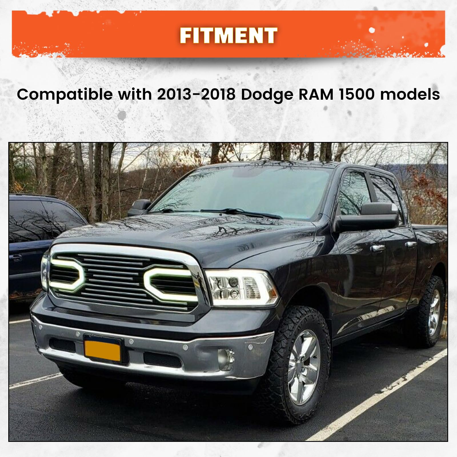 ECOTRIC Chrome Front Grill with LED Light Compatible with 2013-2018 Dodge RAM 1500 | Big Horn Hood Grille Replacement Shell | Perfect for Off-Road & Truck Customization