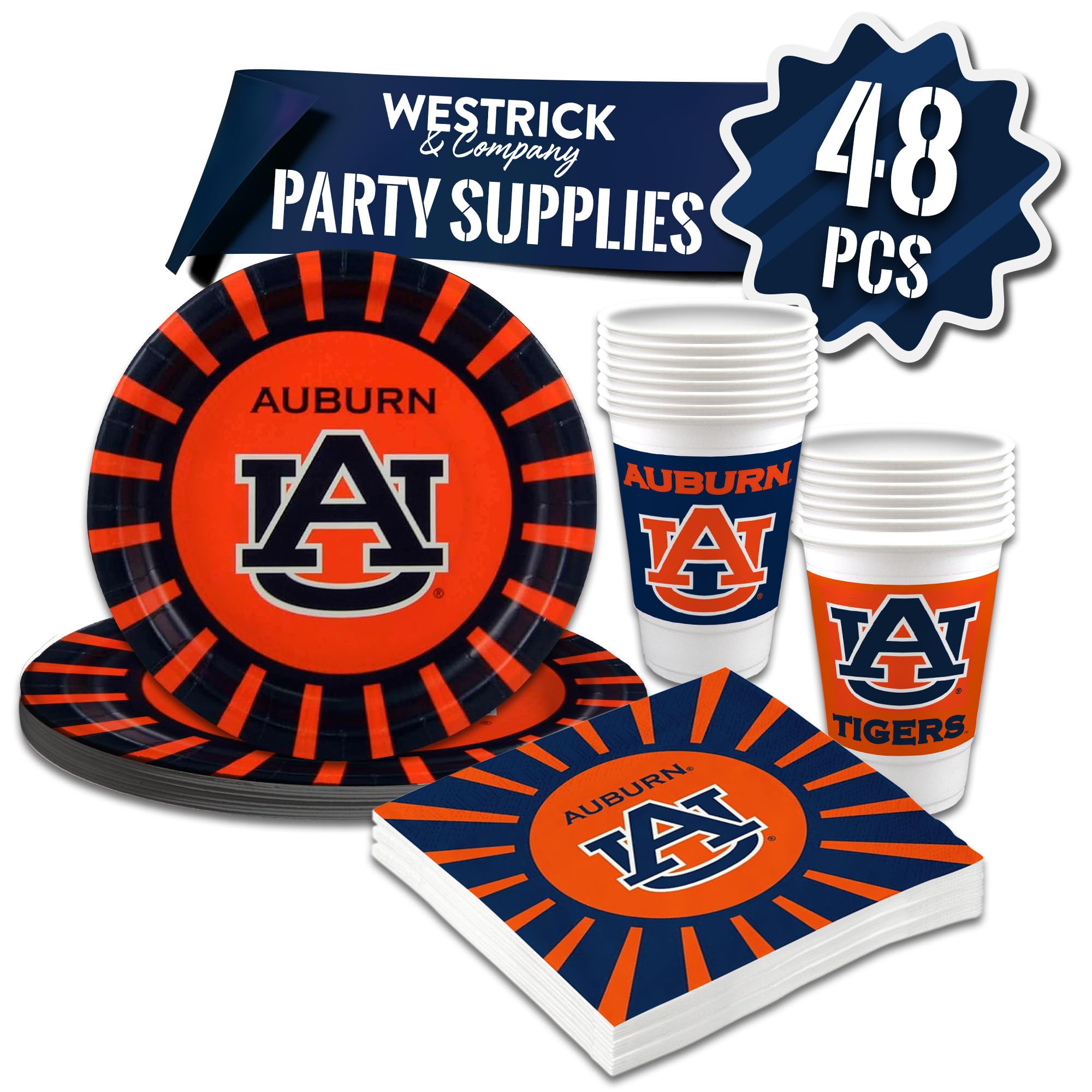 Auburn Tigers Party Supplies 48-Piece Officially Licensed University Set - 16 oz Plastic Cups, 9 Inch Paper Plates, Luncheon Napkins for 16 Guests | Perfect for Game Day Tailgates, College Dorms & Alumni Parties by Westrick