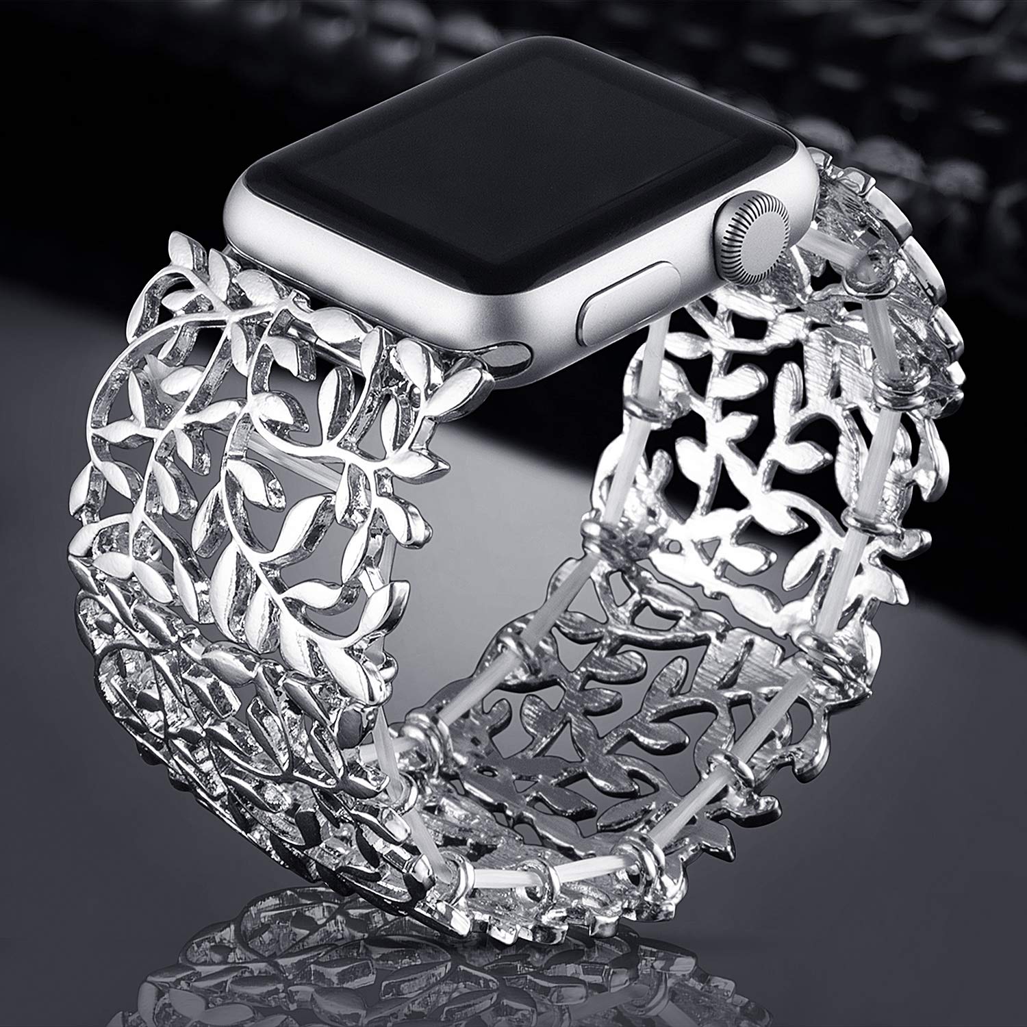 VIQIV Stretchable Bracelet Band Compatible with Apple Watch Series 5/4/3 (38mm/40mm/42mm/44mm) - Elegant Jewelry Bangle Strap for Women - Silver 44mm - Perfect for Work, Parties & Special Occasions