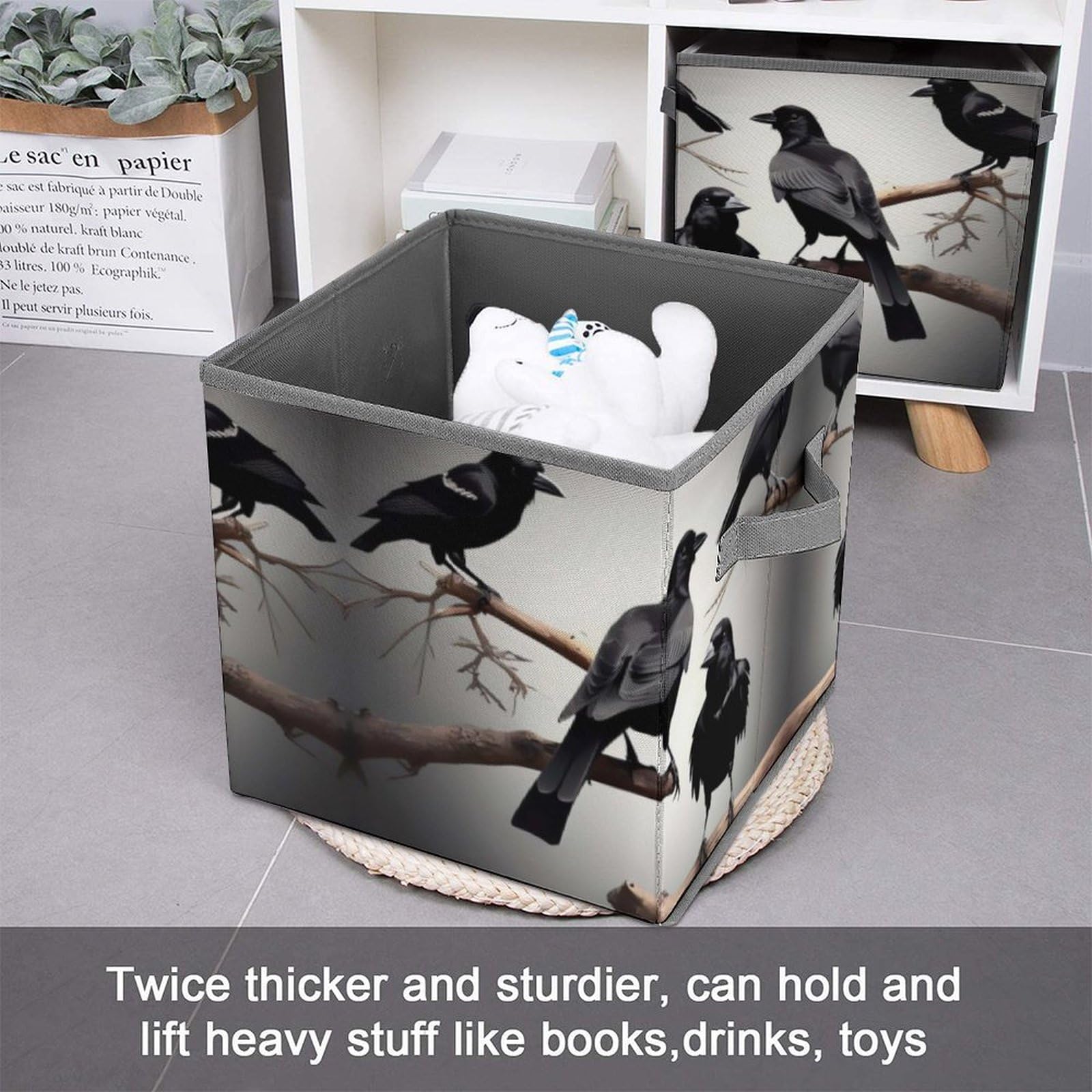 Black Crow Birds on Branch Collapsible Storage Bin - 10.6x10.6x10.6 Inch Large Capacity Fabric Storage Box with Handles | Closet Organizer System for Home, Office, Bedroom & Kids Room Organization