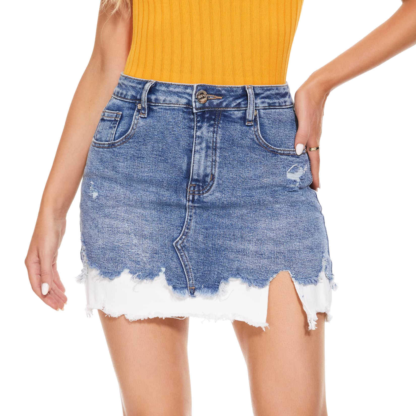 VIPONES Women's Stretch Denim Skirt - Raw Hem Frayed Ripped Shorts, Mid Waist Casual Mini Skirt for Summer Outfits, Date Night & Streetwear Fashion