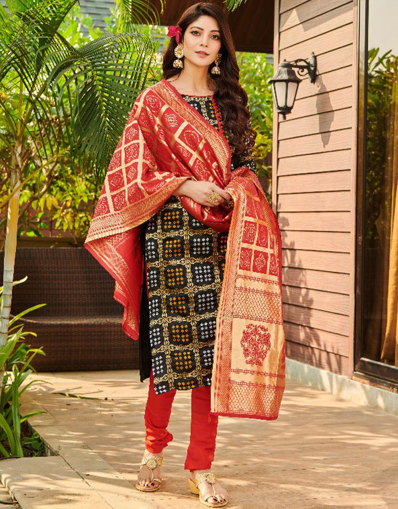Elegant Black Bandhani Silk Blend Chudidar Salwar Suit for Women - Traditional Indian Ethnic Wear for Weddings, Festivals & Special Occasions