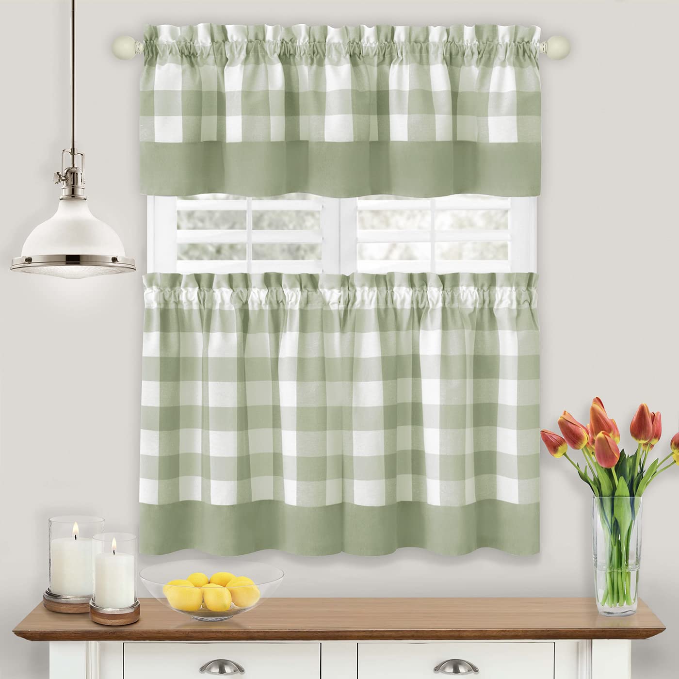Premium Cotton Blend Kitchen Curtains and Valances Set - Classic Country Plaid Checkered Design, 57