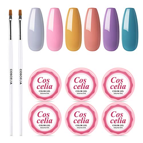 COSCELIA UV Gel Nail Polish Kit - 6 Colors (Blue, Yellow, Grey, Pink, Purple) with Nail Brush & Pink Box - Professional Salon & DIY Nail Art Set for Beginners - Perfect for Home Manicures, Nail Salons & Gift Giving