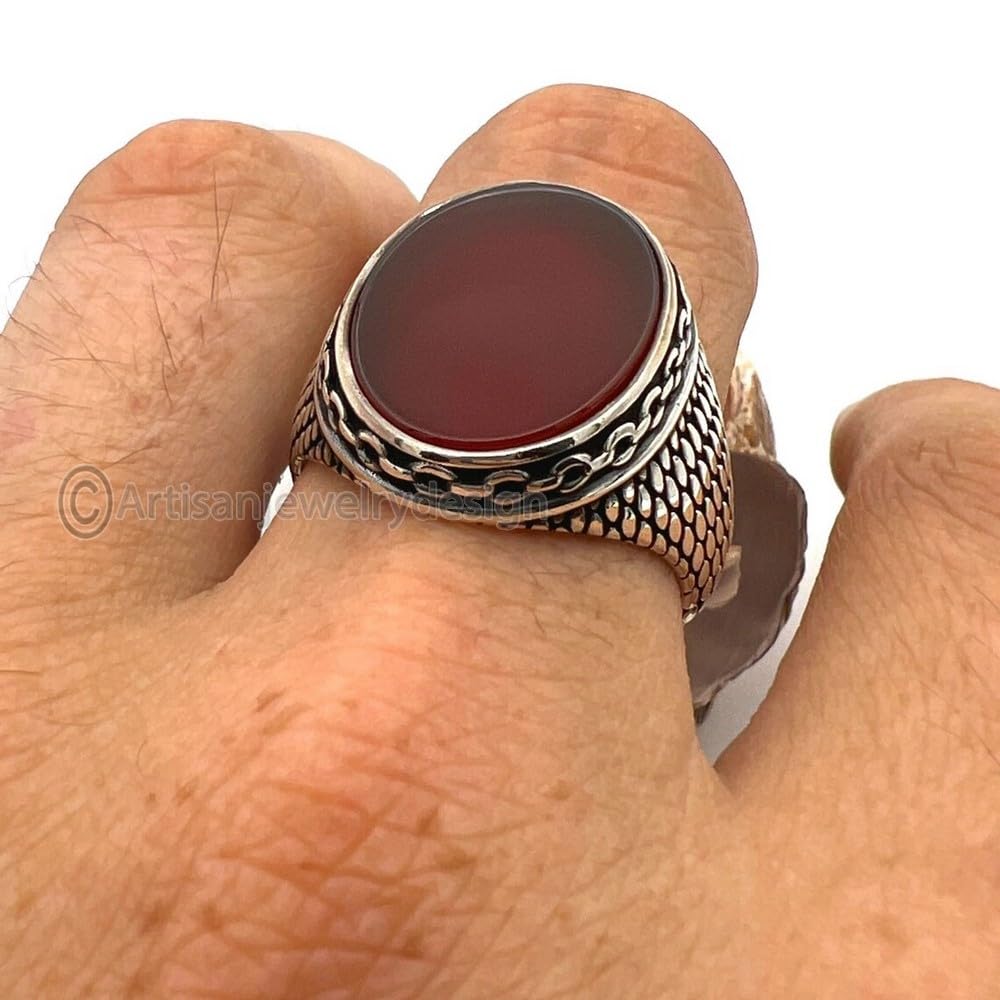 Handmade Red Onyx Men's Ring - 925 Sterling Silver Statement Signet Ring, Ottoman Style Onyx Gemstone Jewelry, Perfect Valentine’s Day Gift for Him, Ideal for Weddings, Anniversaries, and Special Occasions