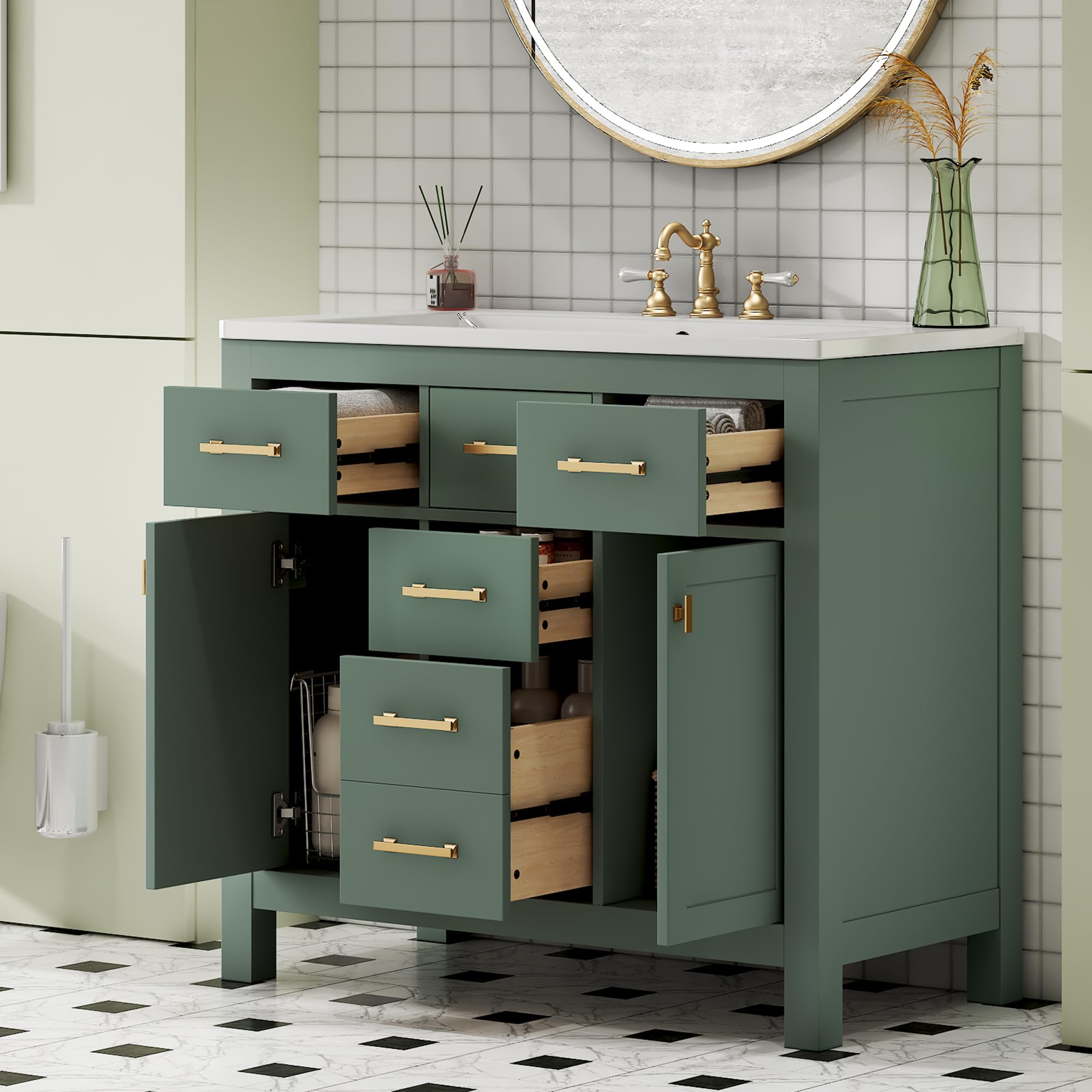 36 Inch Freestanding Bathroom Vanity with Undermount Resin Sink - Solid Wood Single Vanity with 4 Drawers & 2 Soft-Close Doors - Modern Green Bathroom Sink Cabinet for Small Bathrooms & Powder Rooms