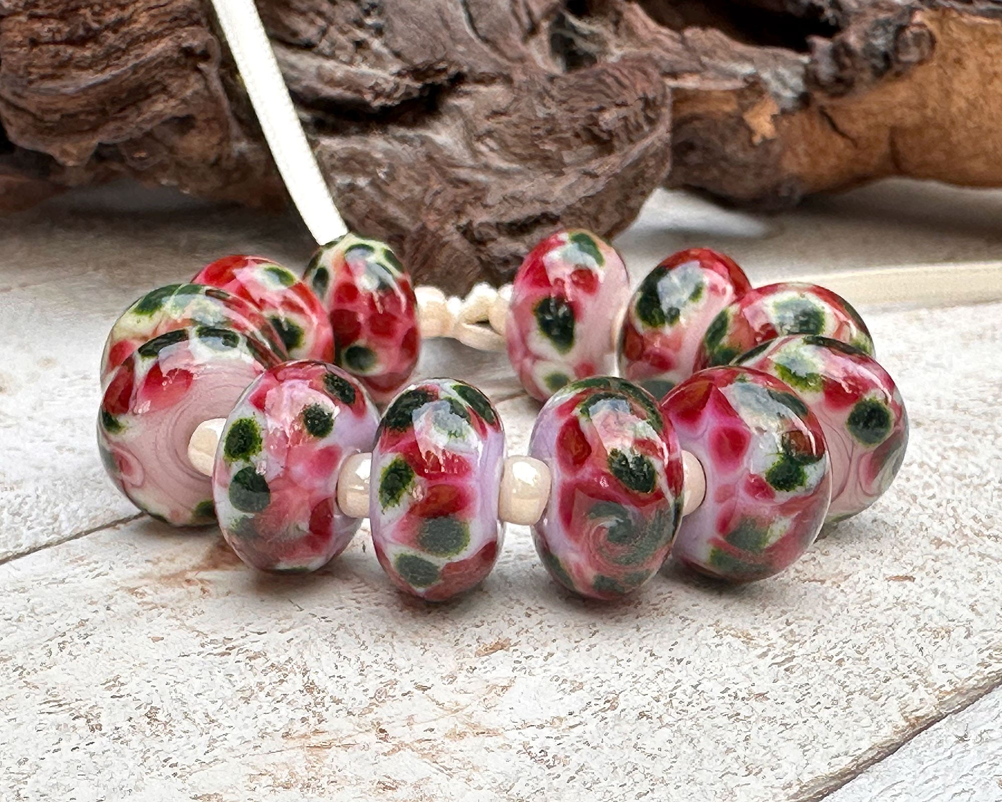 Pink and Green Mosaic Lampwork Glass Beads Set for Jewelry Making - DIY Bracelets, Necklaces, Earrings - Perfect for Handmade Crafts and Gifts
