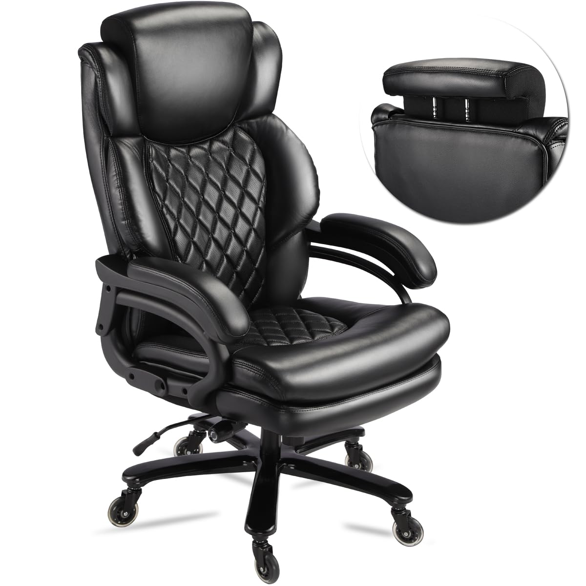 500lbs Heavy Duty Executive Office Chair for Big and Tall People - Adjustable Headrest, 360° Swivel & Heavy Duty Casters - Ergonomic Computer Desk Chair for Home & Office Use (Black) - Perfect for Long Work Hours & Comfortable Seating