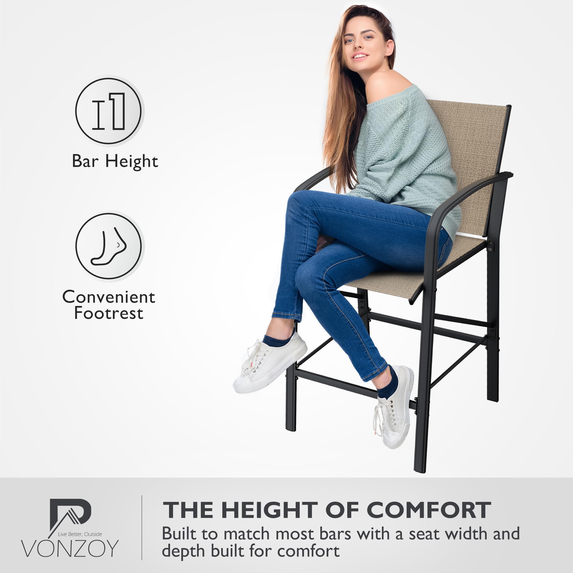 4-Piece Outdoor Bar Stools Set - Heavy Duty 300lb Capacity All-Weather Mesh Bar Height Chairs for Patio, Deck, Backyard & Poolside - Comfortable Brown Seating Furniture