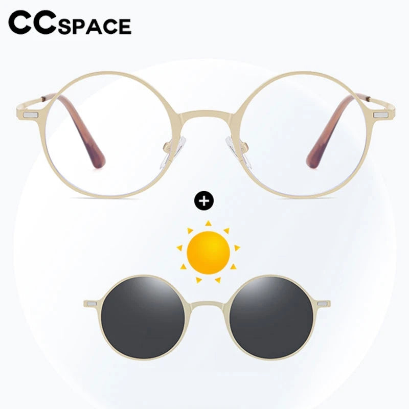 CCspace Women's Full Rim Round Alloy Eyeglasses with Clip-On Sunglasses - Stylish & Lightweight Frame for Reading, Driving, and Outdoor Activities (Model 302147)