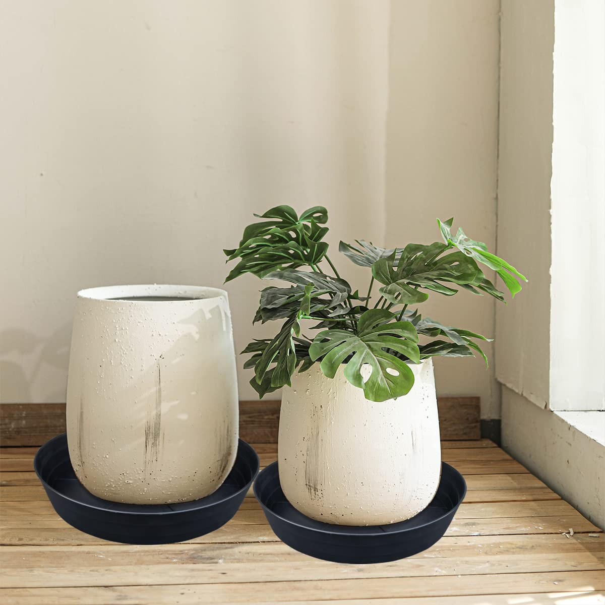 10/12/14/16/18/20/25 Inch Extra-Deep Plant Saucers - 4 Pack Heavy Duty Plastic Drainage Trays for Indoor Flower Pots Without Holes - Black Water Catcher for Plant Pot Bases (10 Inch) - Perfect for Home Decor, Gardening & Protecting Floors from Water Damage