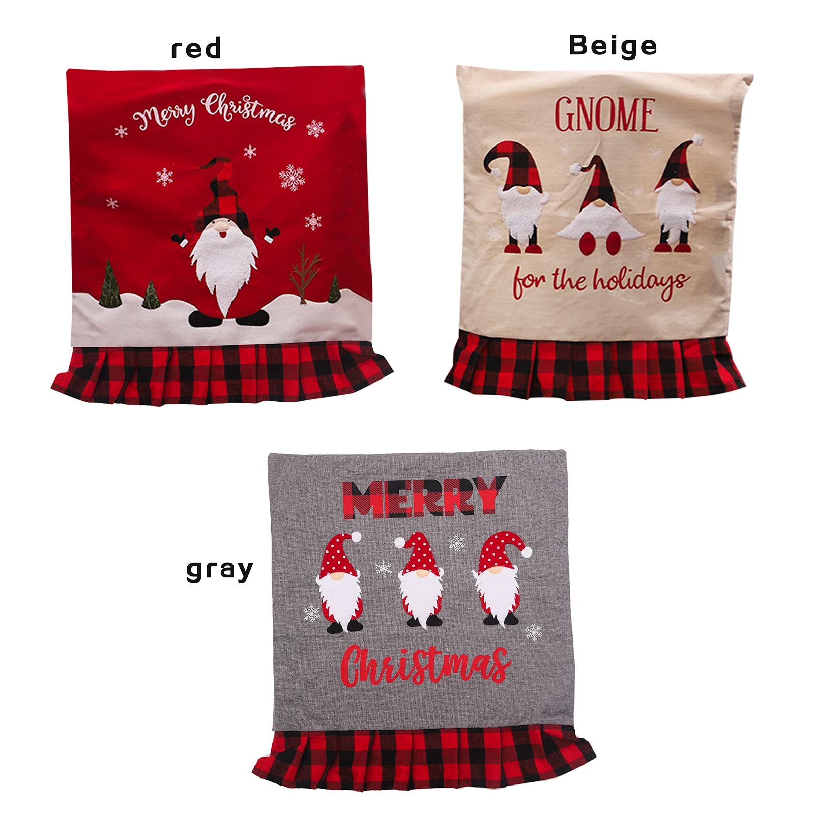 Christmas Chair Covers Set of 3 - Buffalo Plaid Gnome Decor for Dining Room & Banquet