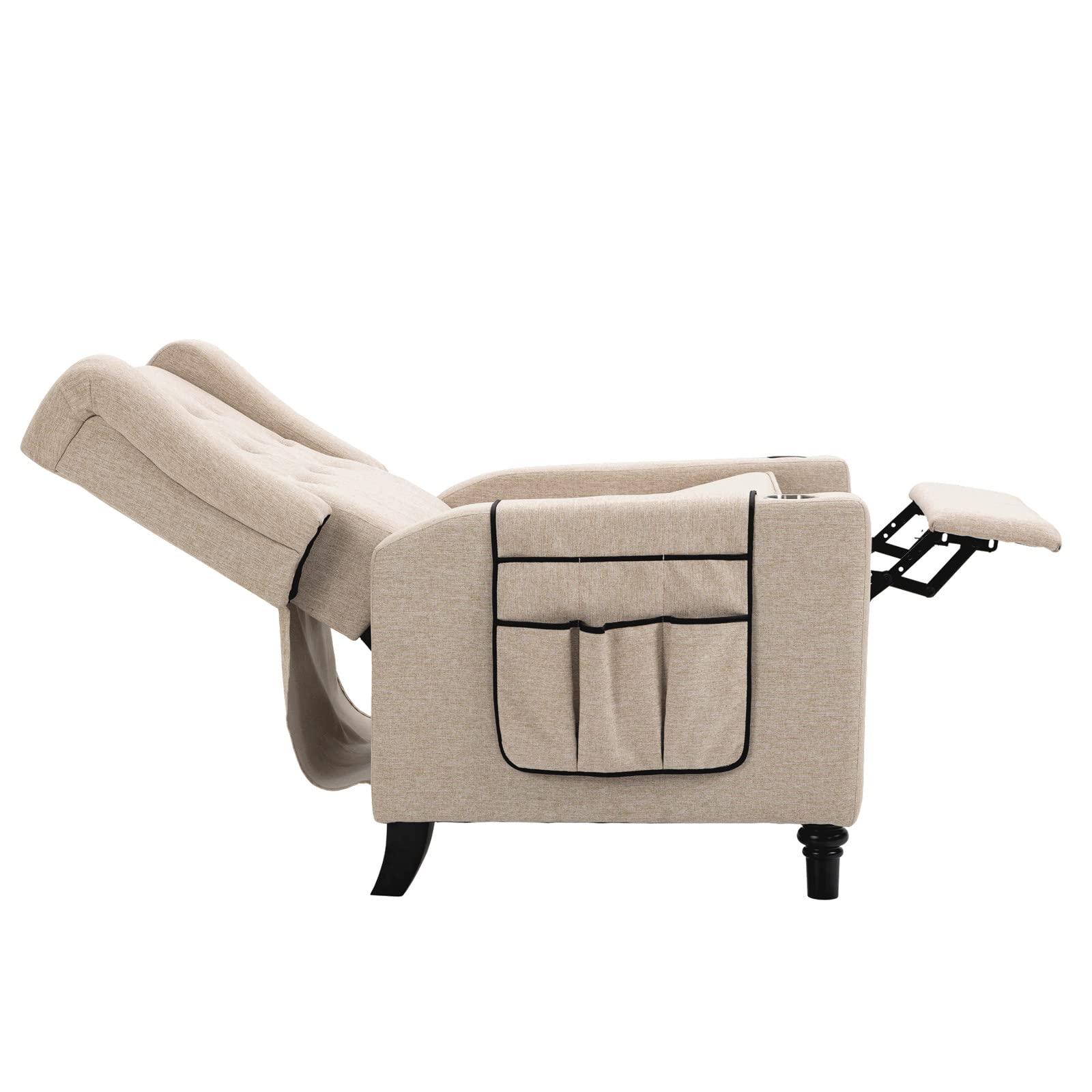 Modern Push Back Recliner Chair with Storage Pockets & USB Charging - Adjustable Tufted Wingback Recliner with Footrest for Living Room, Office & Home Theater - Comfortable Fabric Lounge Chair in Khaki