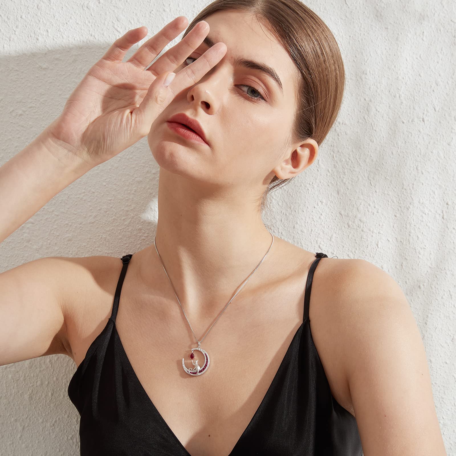 18K White Gold Plated Cat Necklace - 925 Sterling Silver Diamond Cat Pendant with Moon Charm | Elegant Jewelry Gift for Women (Birthday/Christmas) | Comes with Gift Box | Perfect for Date Nights, Parties & Special Occasions