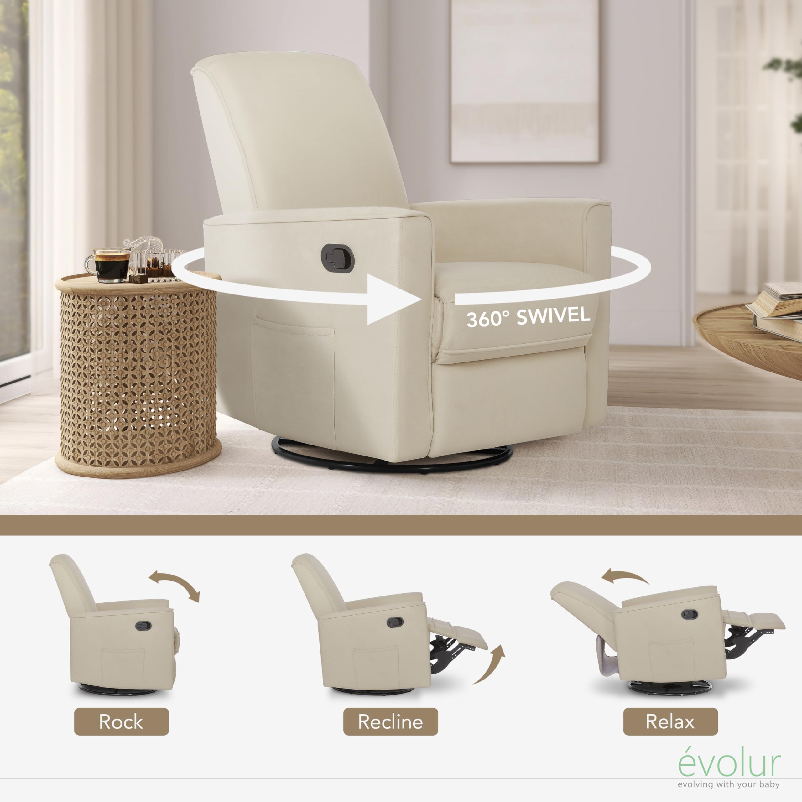 Evolur Raleigh Upholstered Nursery Glider Chair - Plush Swivel Rocker Recliner with Tool-Free Assembly, Easy to Clean & Eco-Friendly Design | Perfect for Breastfeeding, Baby Nursery & Relaxation