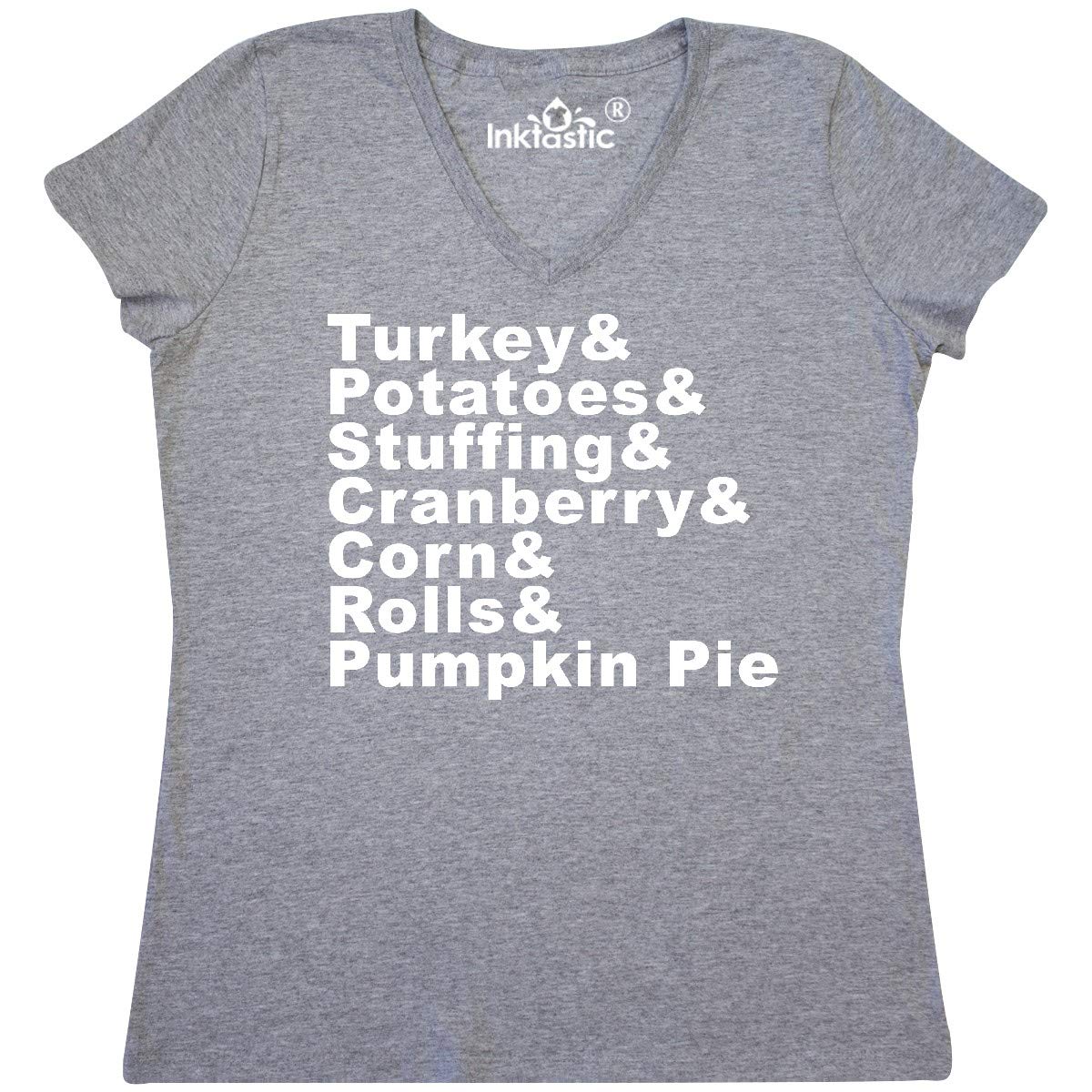Thanksgiving Turkey & Potatoes Graphic Women's V-Neck T-Shirt - Cute Holiday Apparel for Family Gatherings & Friendsgiving Parties