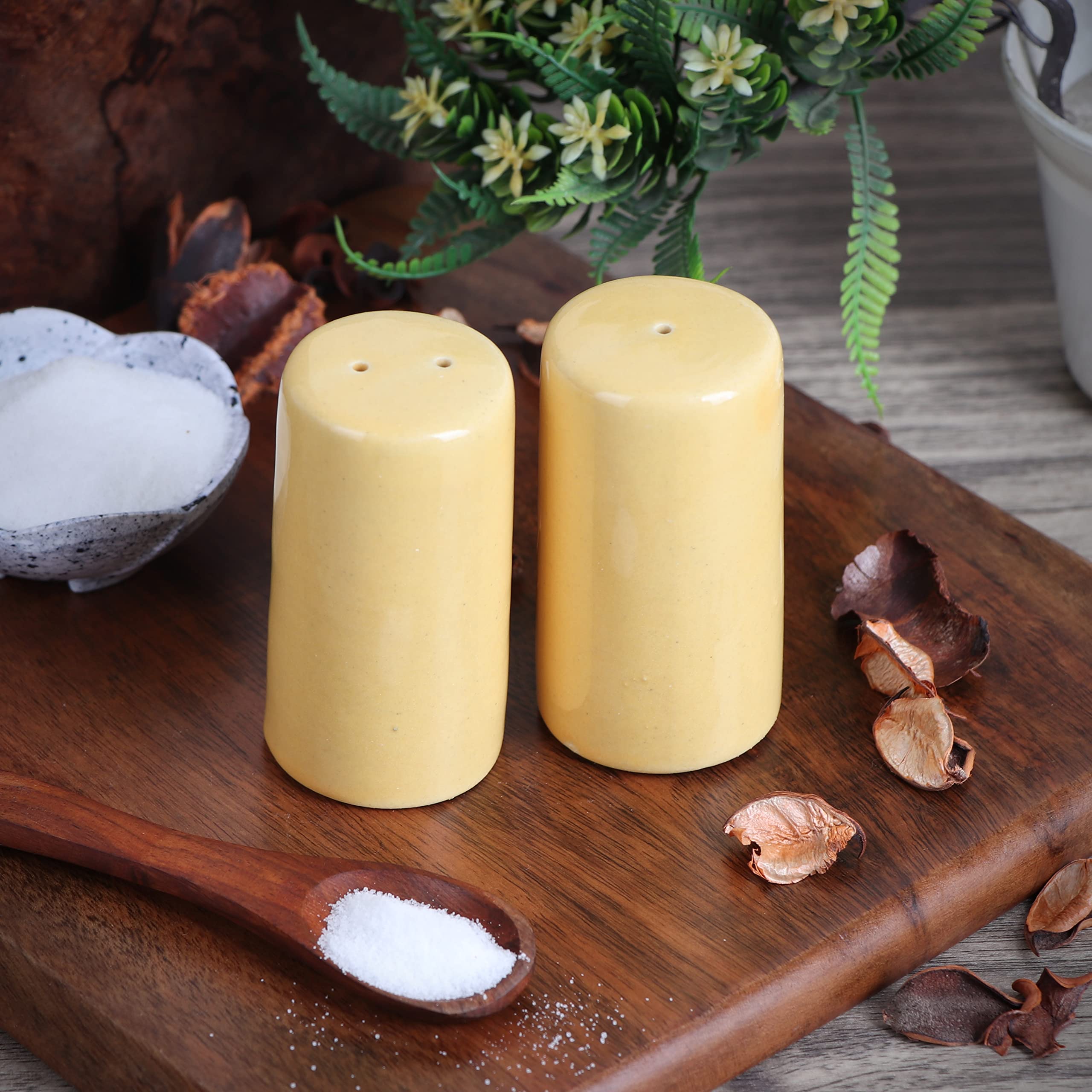 Farmhouse Style Ceramic Salt and Pepper Shakers Set - 2 Piece Modern Kitchen Table Décor for Wedding Registry, Housewarming Gifts | Perfect for Dining Room, Kitchen Counter, and Farmhouse Themed Parties