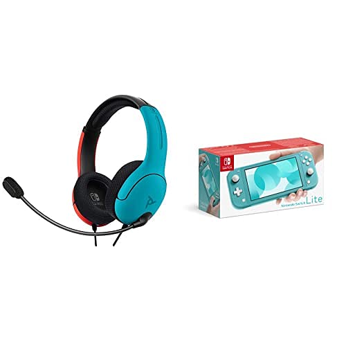 Nintendo Switch Lite - Turquoise Portable Gaming Console & PDP LVL40 Wired Stereo Headset for Nintendo Switch - Blue/Red Joycon - Perfect for Travel, Commuting & Home Gaming