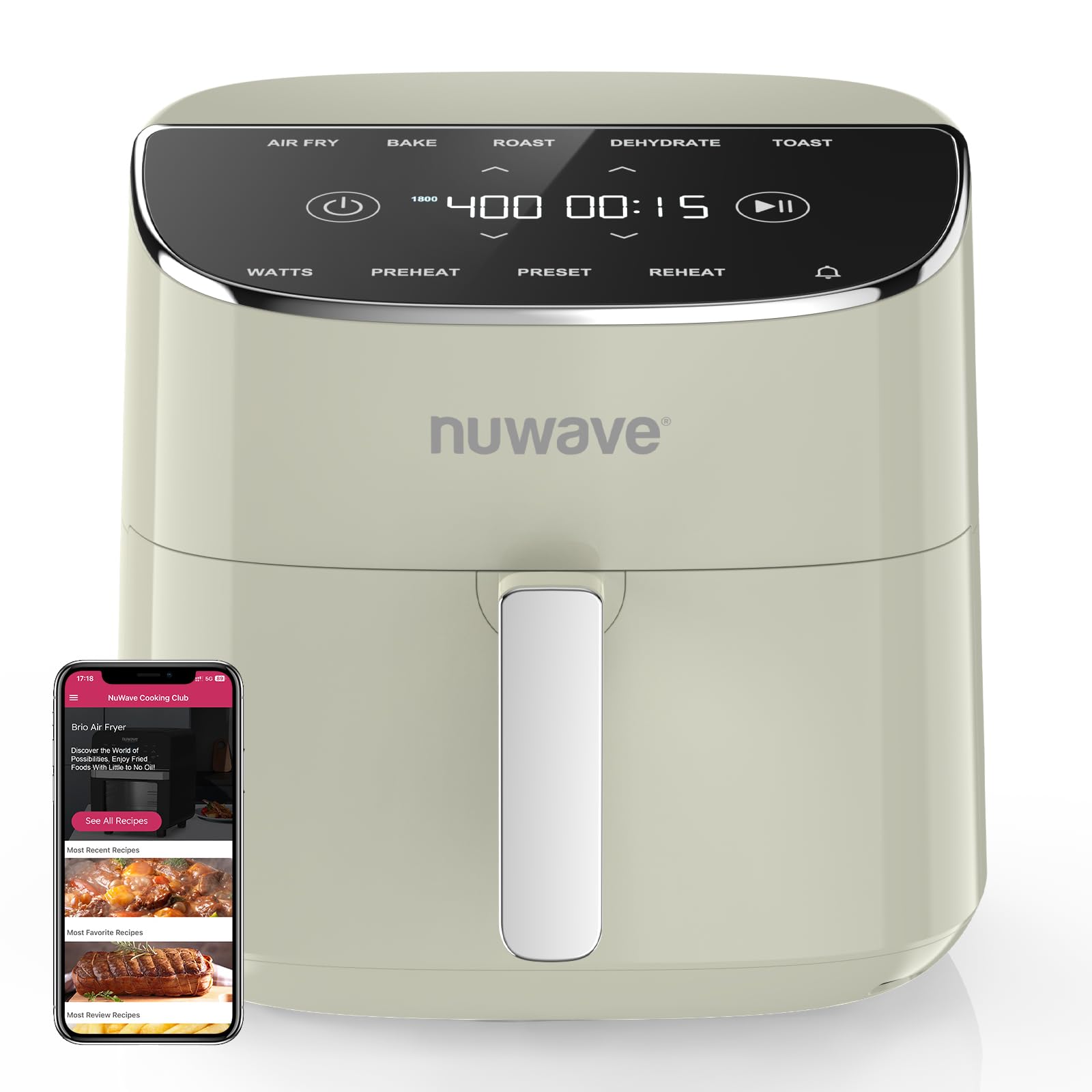 Nuwave Brio Plus 8 Qt Air Fryer - PFAS-Free, 7-in-1 Digital Cook Functions (Air Fry, Bake, Roast, Dehydrate, Toast, Reheat, Preheat), 150 Presets, 50°F-400°F, 1800W - Perfect for Healthy Cooking, Meal Prep & Family Dinners