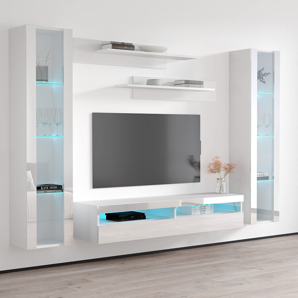Modern Floating TV Stand with Storage & LED Lights - Wall-Mounted Entertainment Center for Bedroom & Living Room - White Meble Furniture Fly AB2 35TV Console with Shelves - Perfect for Small Spaces & Home Theater Setup