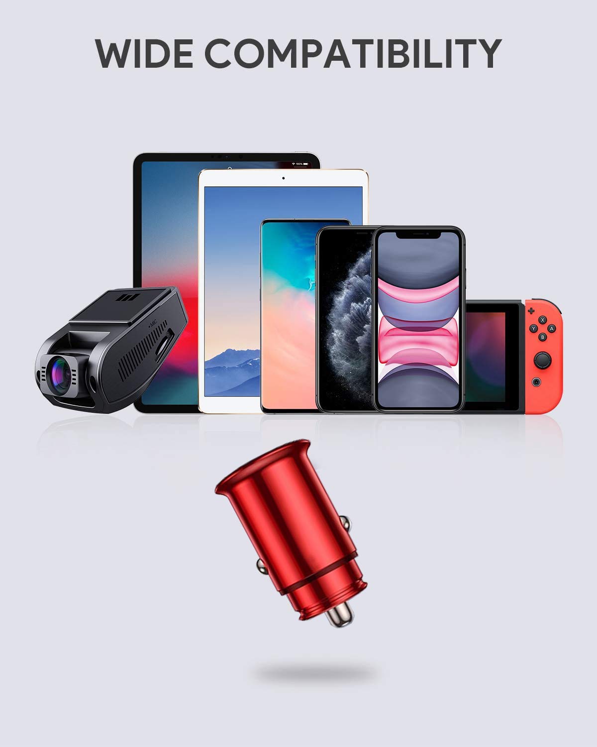 GLBSUNION 24W/4.8A All Metal Car Charger - Fast Charging USB Cigarette Lighter Adapter for iPhone 14/13/12/11 Pro Max, iPad, Samsung Galaxy S22/S21/Note, HTC (Red) with Free 12