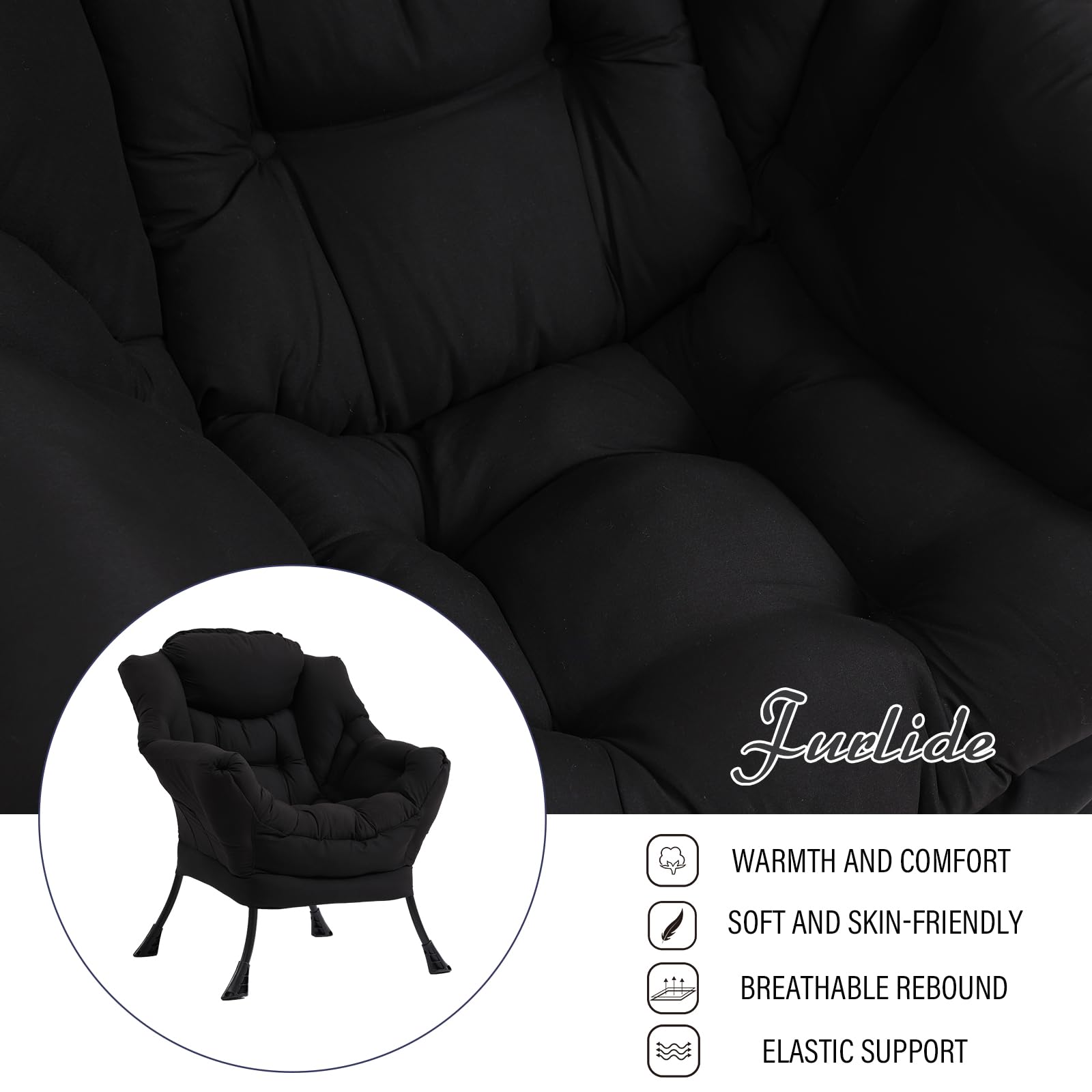 Modern Lazy Chair with Ottoman - Folding Footrest Lounge Accent Chair for Living Room - Comfortable Reading Recliner Chair (Black) - Perfect for Relaxing, Napping & Home Office Use