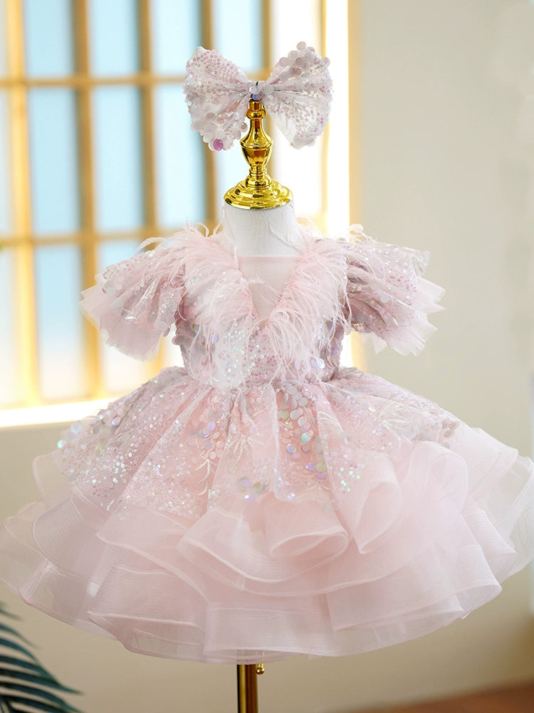 Pink Princess Round Tea Length Organza Flower Girl Dress for Weddings, Parties & Special Occasions