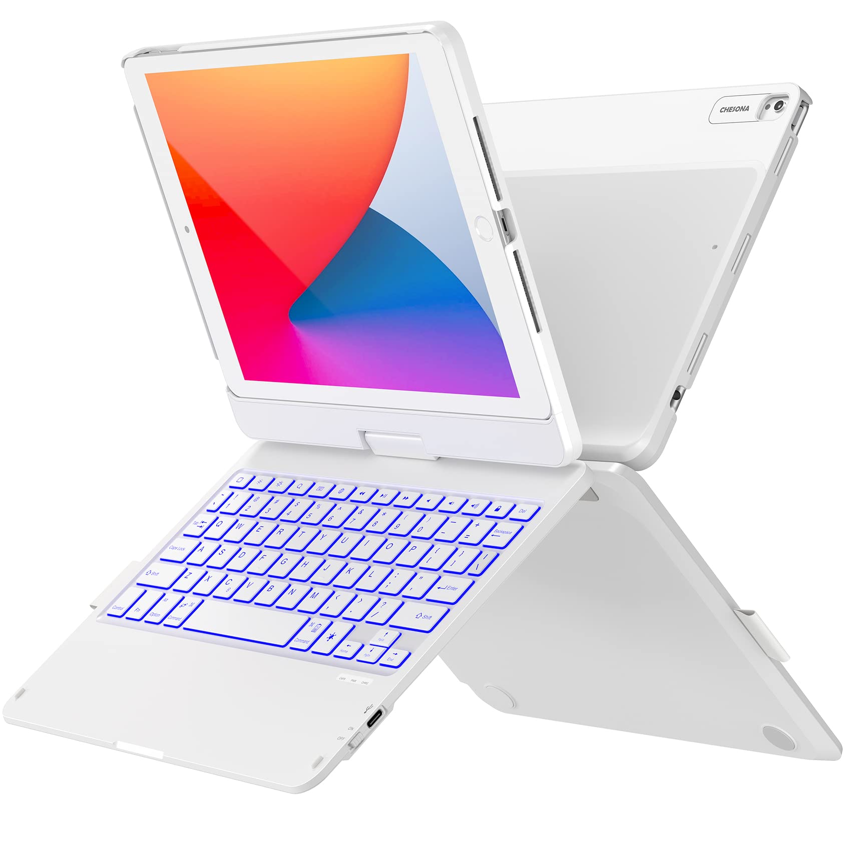 CHESONA iPad Case 7th/8th/10.2-inch with Bluetooth Keyboard - Backlit Protective Cover for iPad Air 3rd Gen & iPad Pro 10.5 (White) | Perfect for Work, Study & Travel