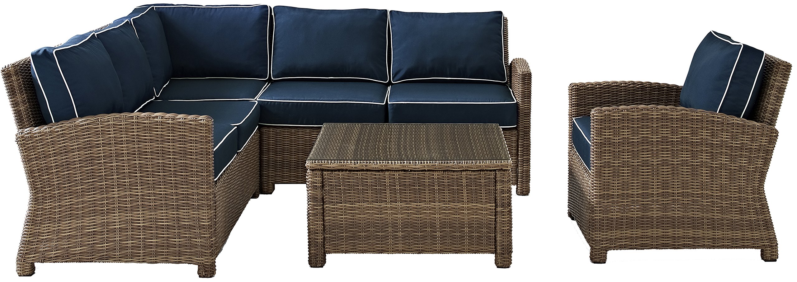 Crosley Furniture Bradenton 5-Piece Outdoor Sectional Sofa Set - All-Weather Wicker Patio Furniture with Navy Cushions for Deck, Garden & Backyard Relaxation