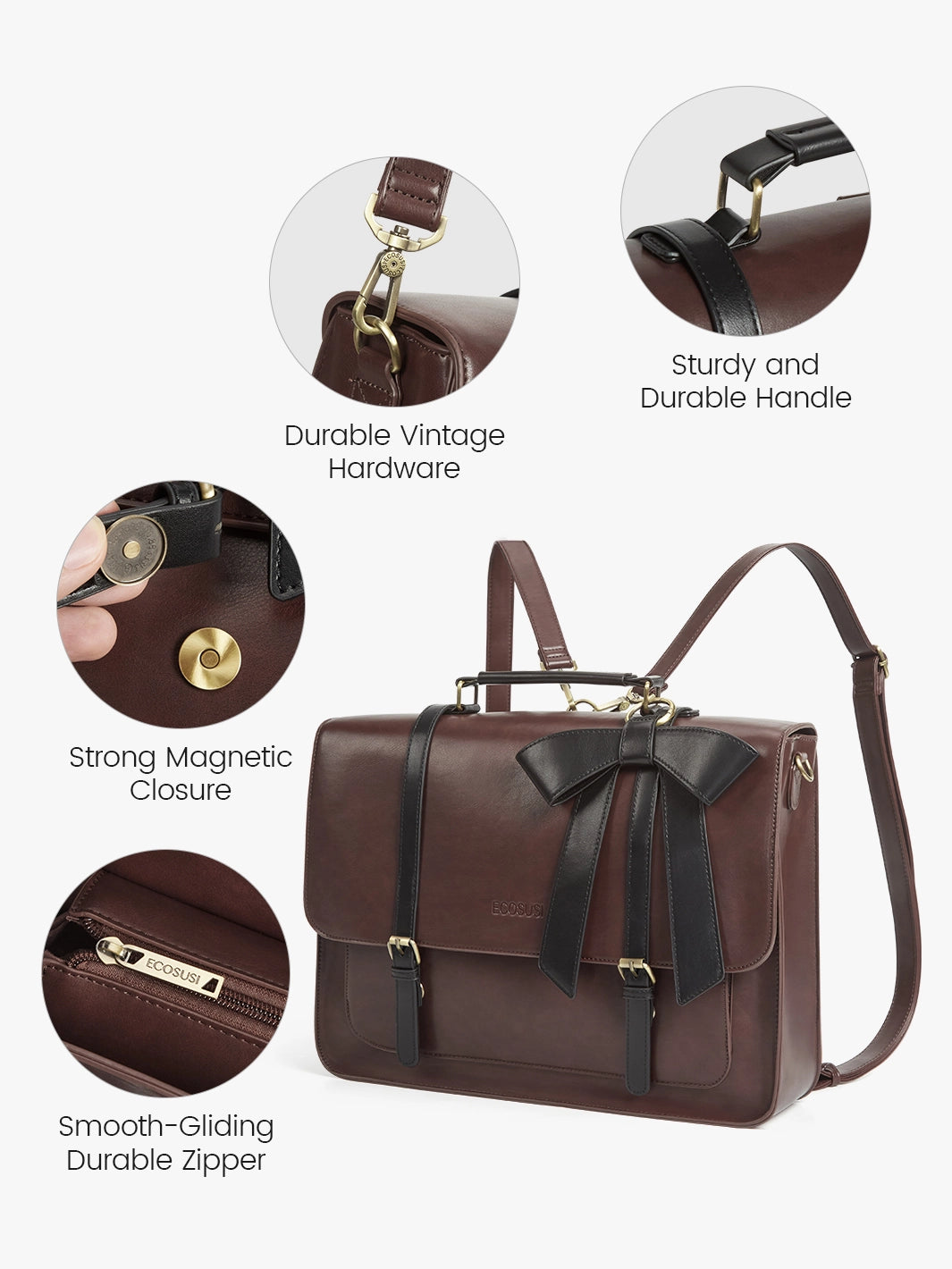EcoSusi Classic Bow Briefcase - Elegant Cocoa Truffle Leather Handbag for Women | Perfect for Office, Business Meetings & Professional Work