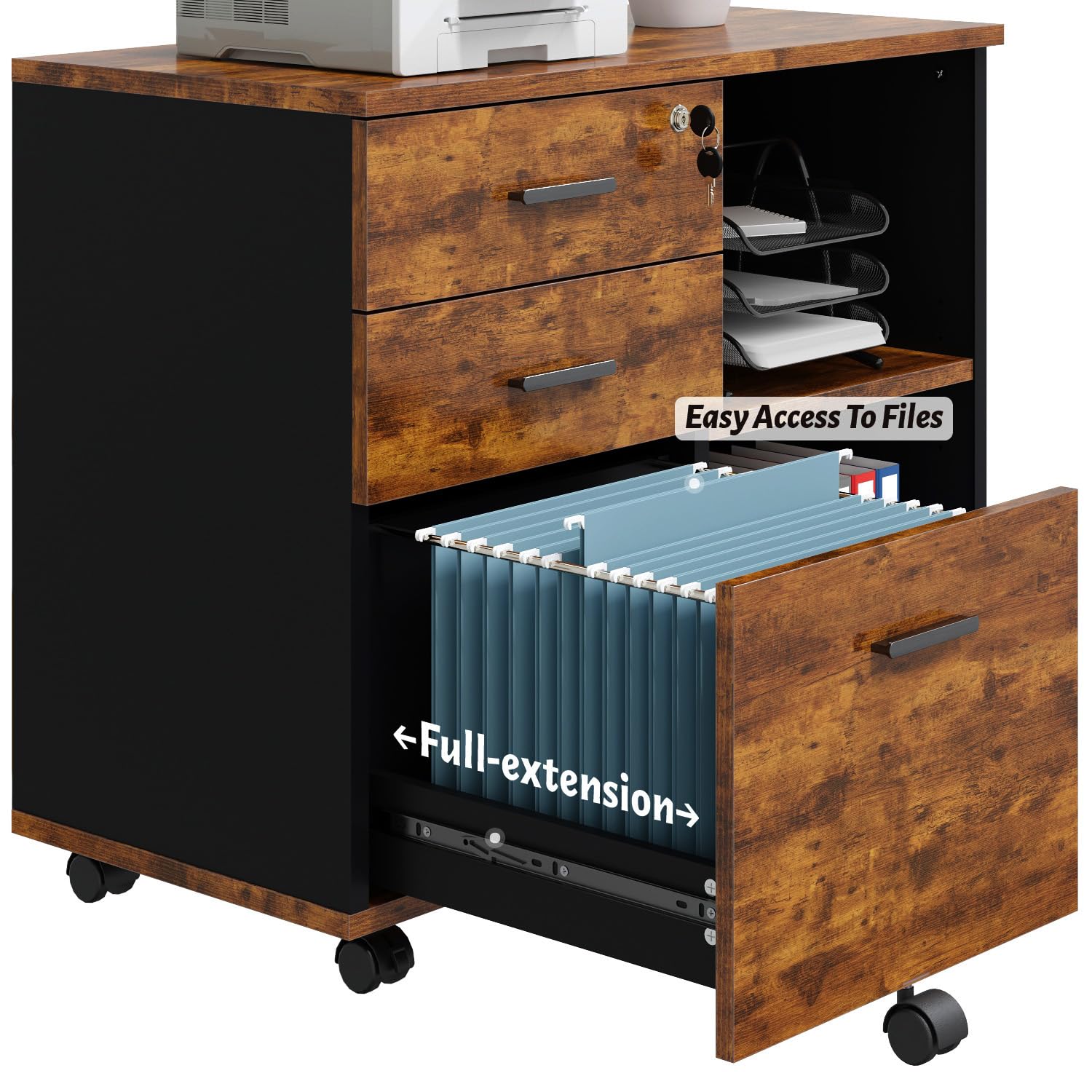 Wooden 3-Drawer Mobile Lateral File Cabinet with Wheels - Rolling Printer Stand with Open Storage Shelves for Home Office, Office Organization & Document Storage (Natural Wood Finish)
