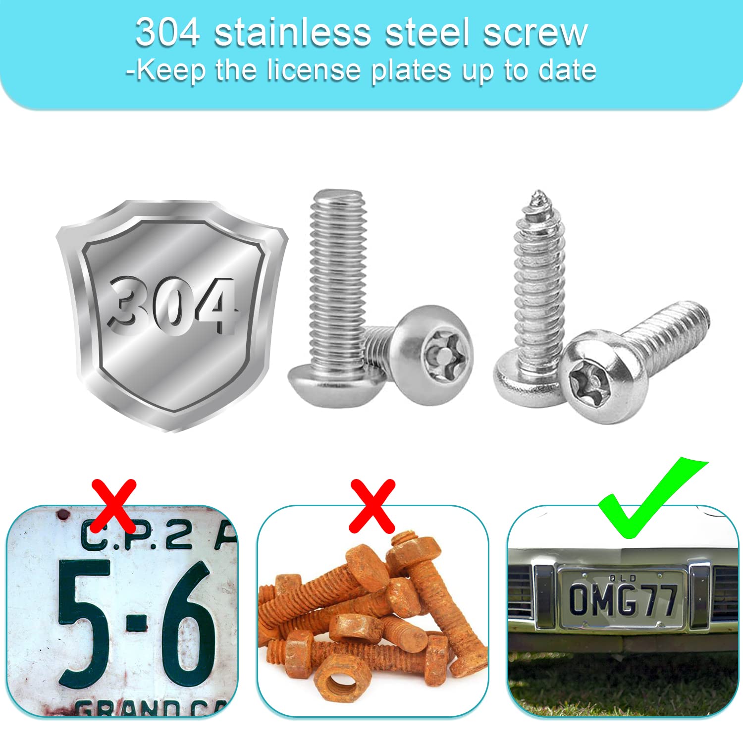 Anti Theft License Plate Screws Kit - 304 Stainless Steel with Chrome Caps for Secure Car Mounting
