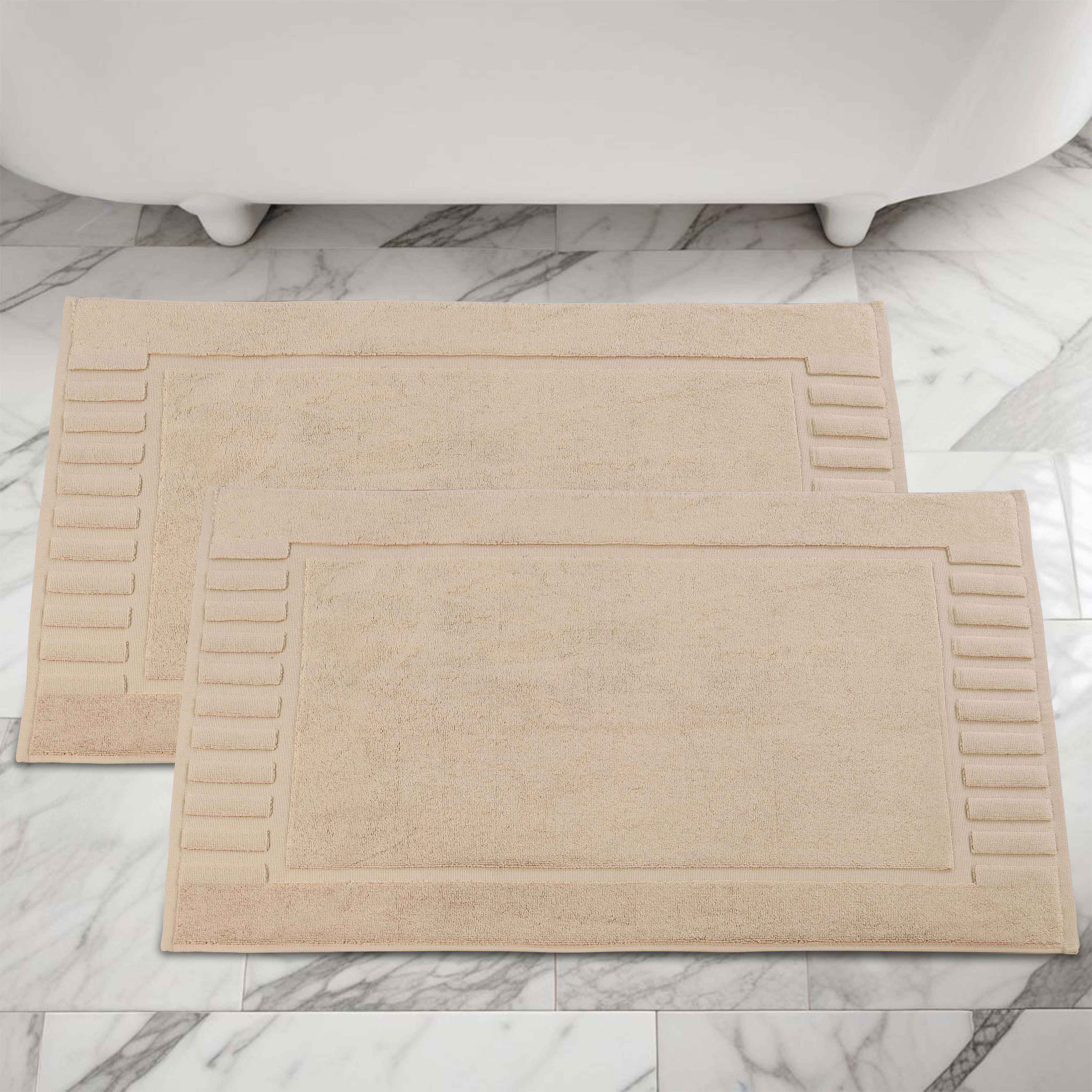 Premium Cotton Modern Geometric Border Bath Mat Set of 2 - Ultra Absorbent, Non-Slip, Quick Dry Bathroom Rug for Bath, Shower & Vanity Area