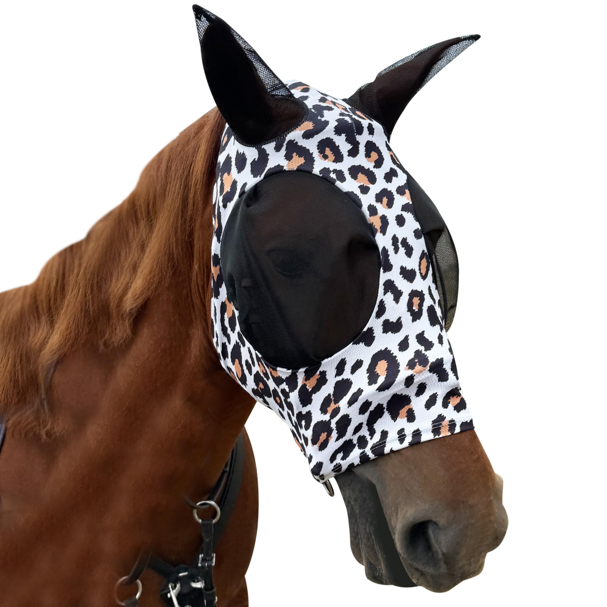 Breathable Horse Fly Mask with Ears - UV Protection Equine Fly Mask for Sunlight & Insects, Large Eye Space Elastic Fabric Funny Leopard Print Mask for Average Size Horses - Perfect for Pasture, Riding & Outdoor Activities