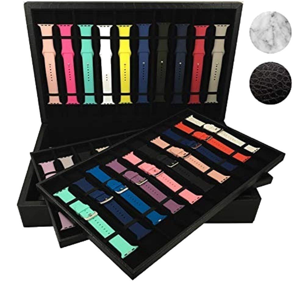 Premium Apple Watch Band Organizer - Multi-Tray Storage Case for 40+ Bands (Black Snakeskin, Velvet & Leatherette) | Perfect for Travel, Home Display & Watch Collection Organization
