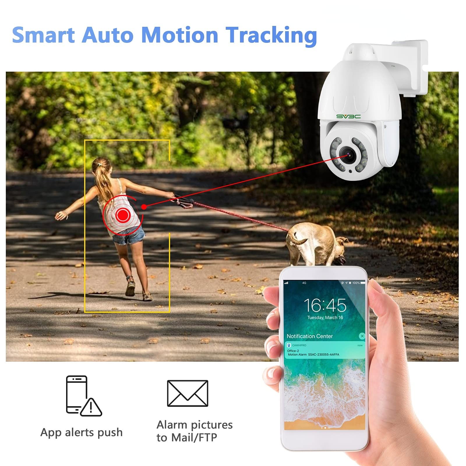 SV3C 5MP PTZ Outdoor Security Camera with 5X Optical Zoom - ONVIF POE IP Camera, Auto Tracking, Super HD Night Vision, Two-Way Audio, Waterproof, Motion Detection (Works with BlueIris & Camhipro) - Ideal for Home Surveillance, Business Monitoring & Outdoor Security