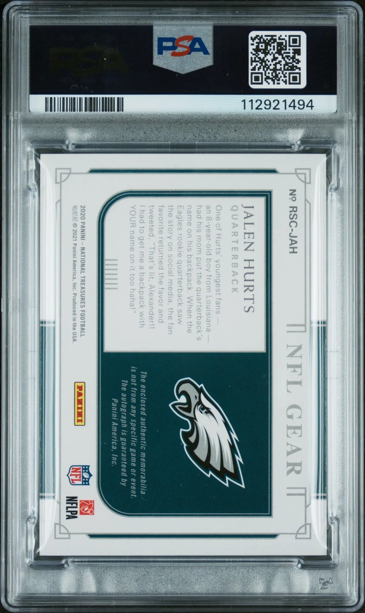 2020 National Treasures Rookie NFL Jalen Hurts Auto Combo Jersey Card PSA Authentic /25 - Perfect for NFL Collectors, Sports Memorabilia Displays & Investment