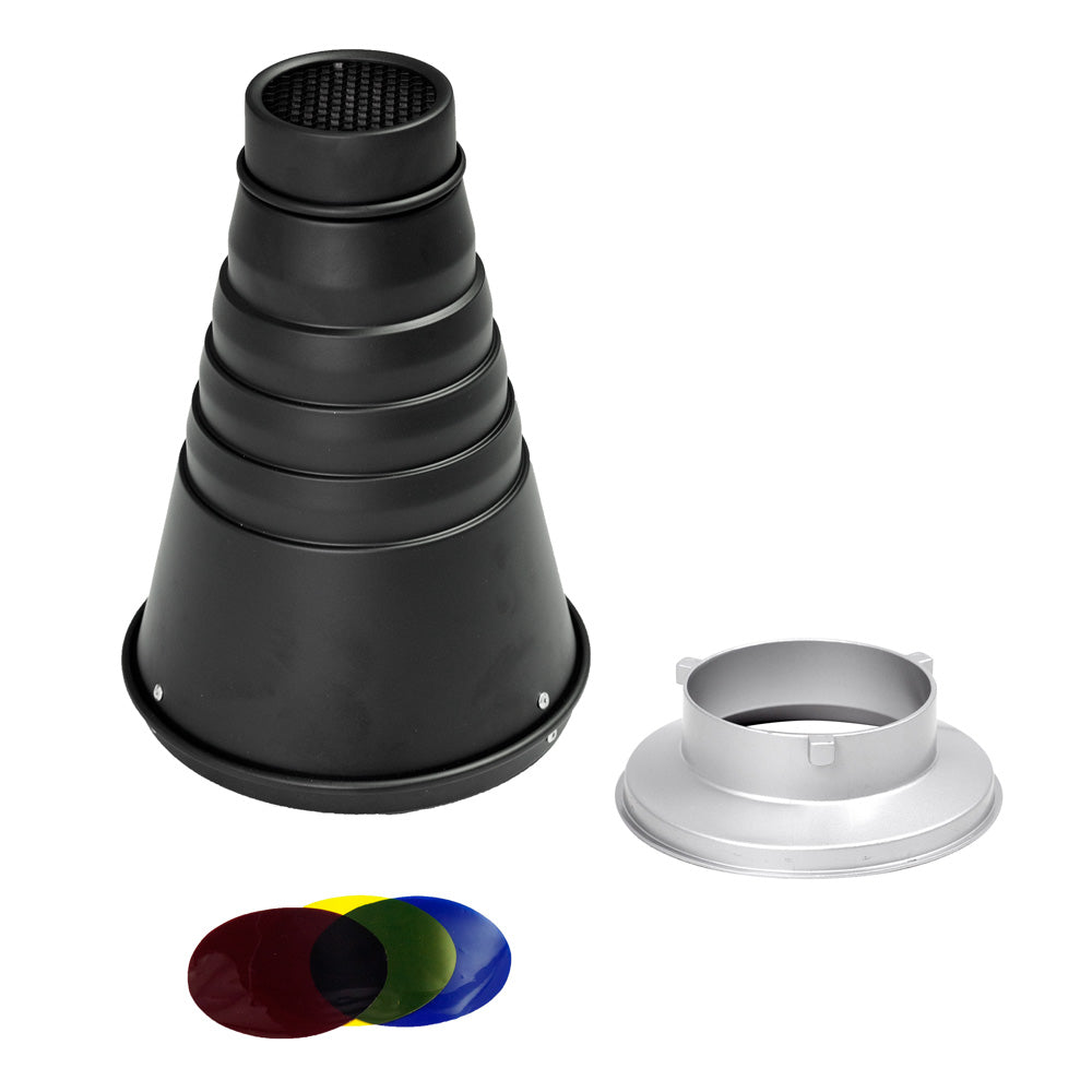Interchangeable Conical Snoot with Honeycomb Grid & Color Gels - Perfect for Studio Photography, Portrait Lighting, and Creative Light Control