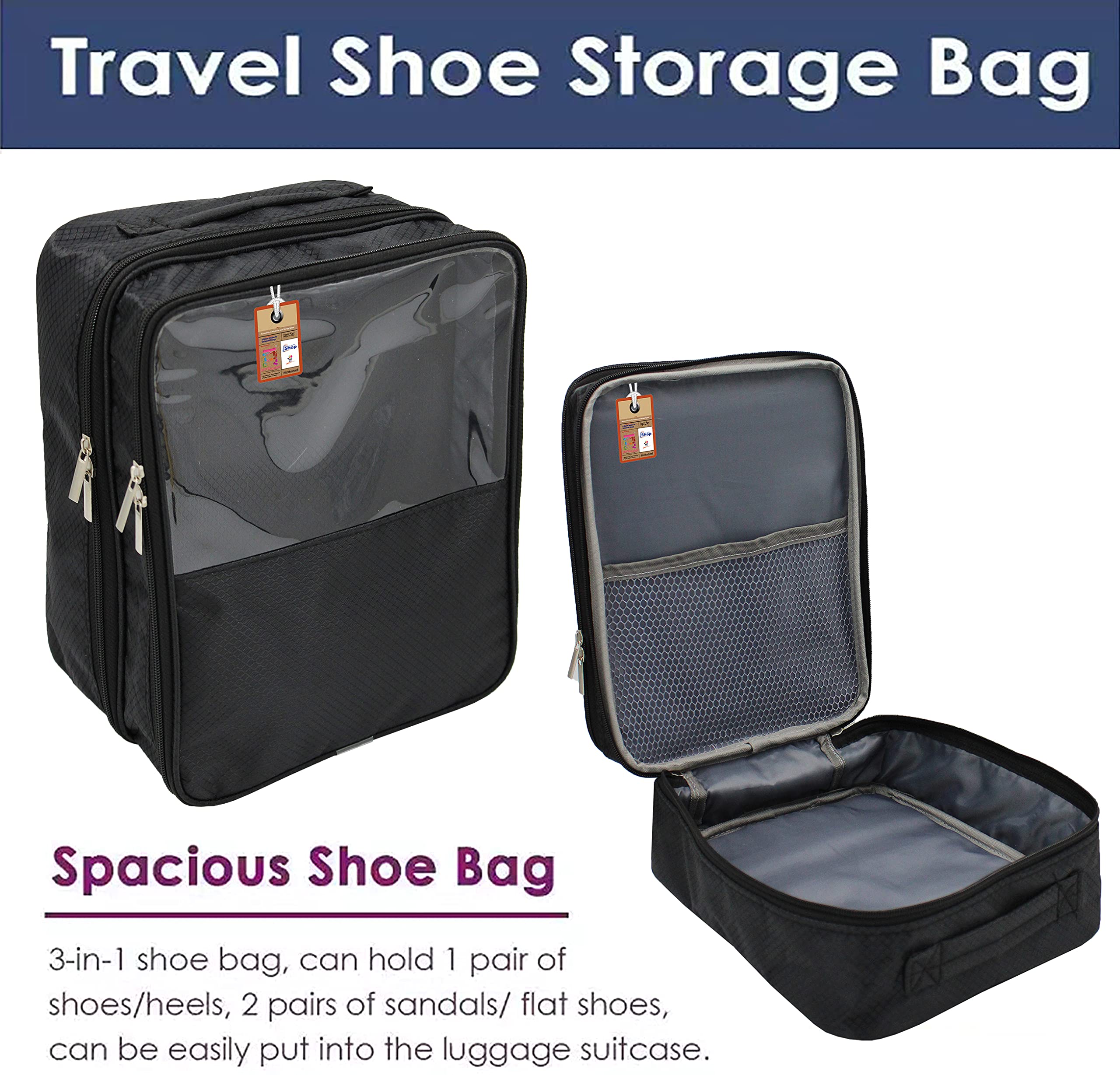Waterproof Travel Shoe Bags with Zipper - Atorakushon® Fabric Storage Organizer for Men & Women (Black) - Perfect for Gym & Vacation Packing
