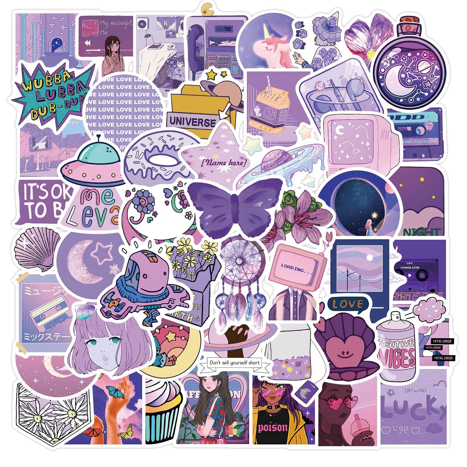 100pcs Cute Purple Kawaii Waterproof Stickers - Aesthetic Vinyl Decals for Water Bottles, Laptops, Journals | Perfect for Scrapbooking, DIY Crafts & Christmas Stocking Stuffers