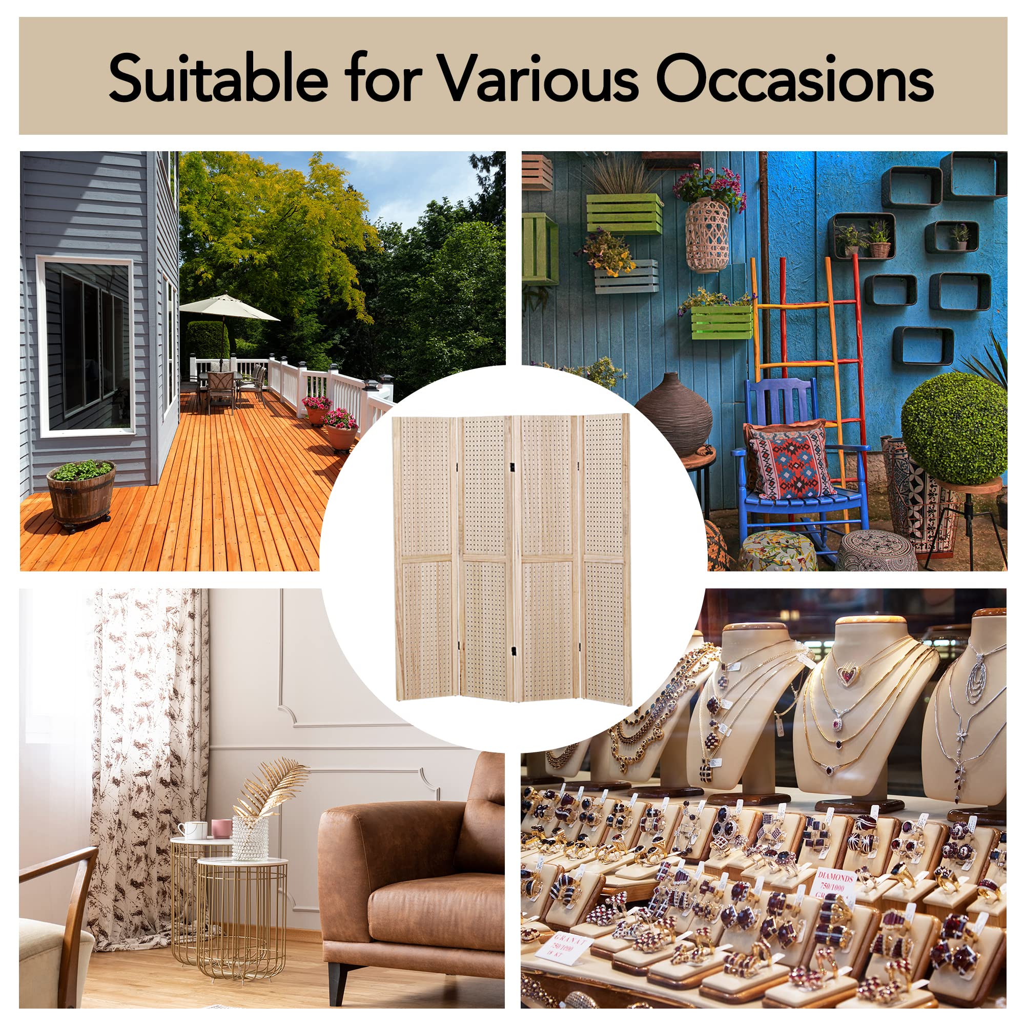 Wnutrees 5 Ft Wooden Folding Privacy Screen & Pegboard Display - 4 Panel Room Divider for Jewelry, Craft & Retail Shows | Wall Organizer for Events, Trade Shows & Home Office (Natural Finish)